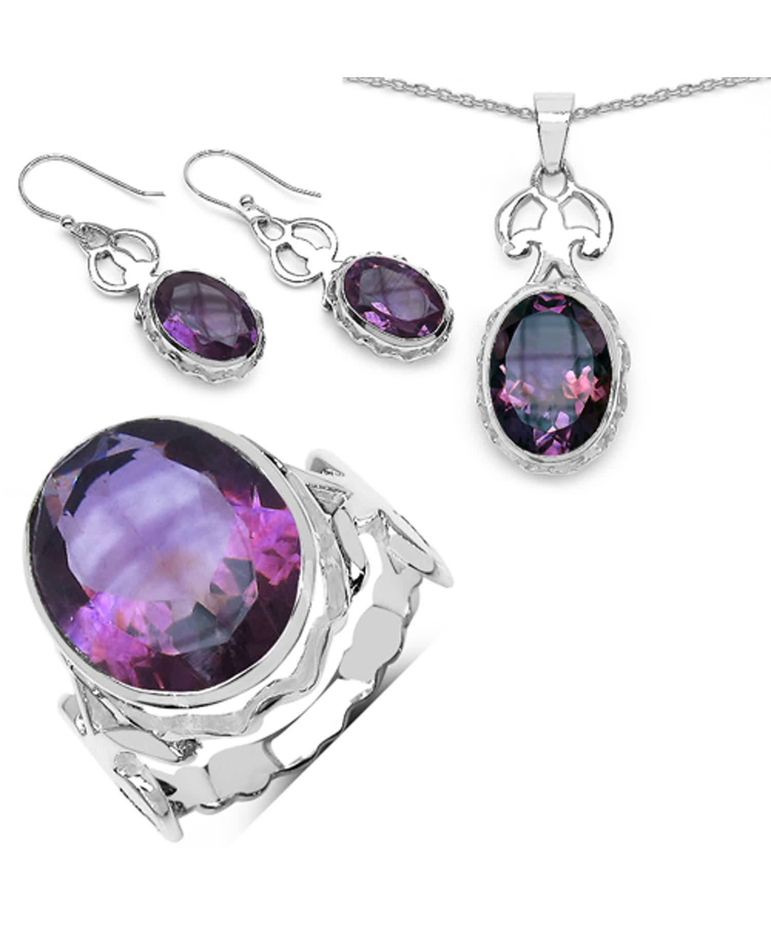 26.60ctw Natural Amethyst Rhodium Plated 925 Sterling Silver Jewelry Set View 1