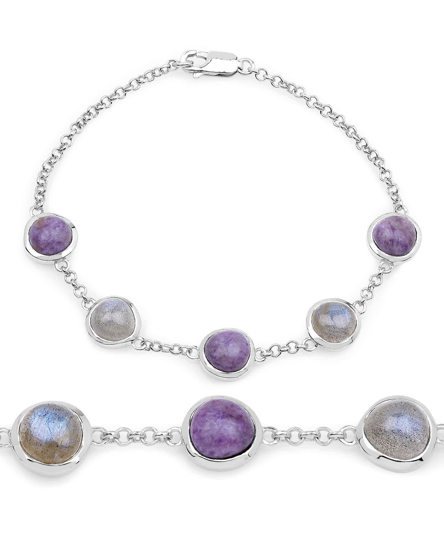 11.00ctw Natural Charolite and Labradorite Rhodium Plated 925 Sterling Silver Link Bracelet View 2