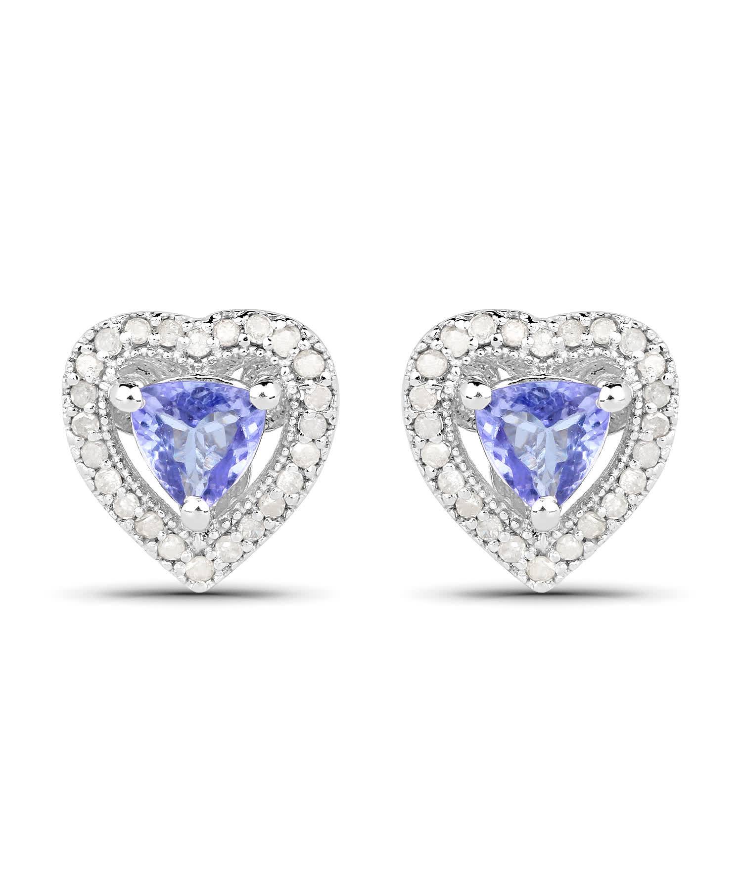 1.20ctw Natural Tanzanite and Diamond Rhodium Plated 925 Sterling Silver Heart Stud Earrings View 1