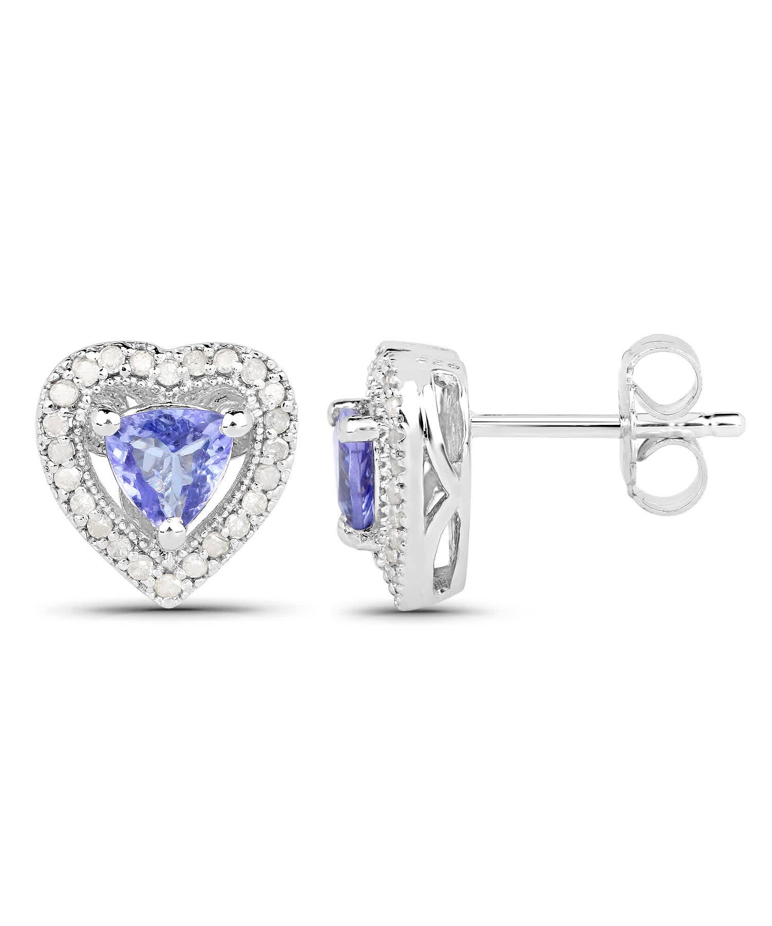 1.20ctw Natural Tanzanite and Diamond Rhodium Plated 925 Sterling Silver Heart Stud Earrings View 2