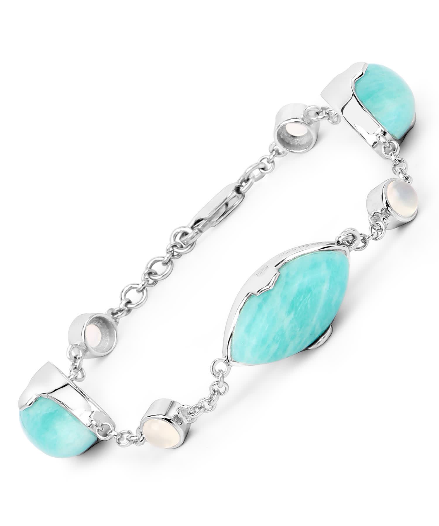 29.70ctw Natural Amazonite and Agate Rhodium Plated 925 Sterling Silver Link Bracelet View 1