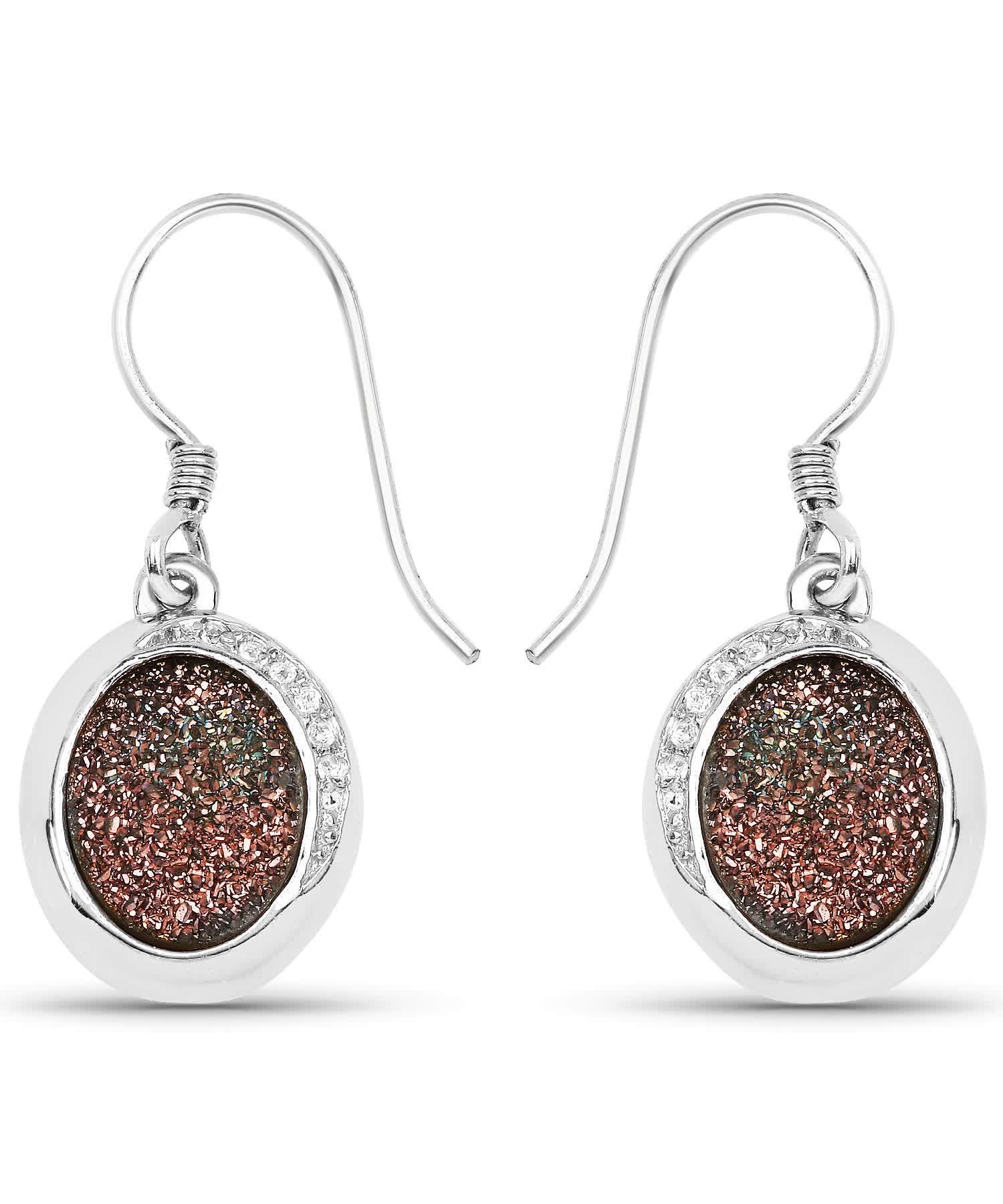4.72ctw Drusy Quartz and Topaz Rhodium Plated 925 Sterling Silver Dangle Earrings View 1