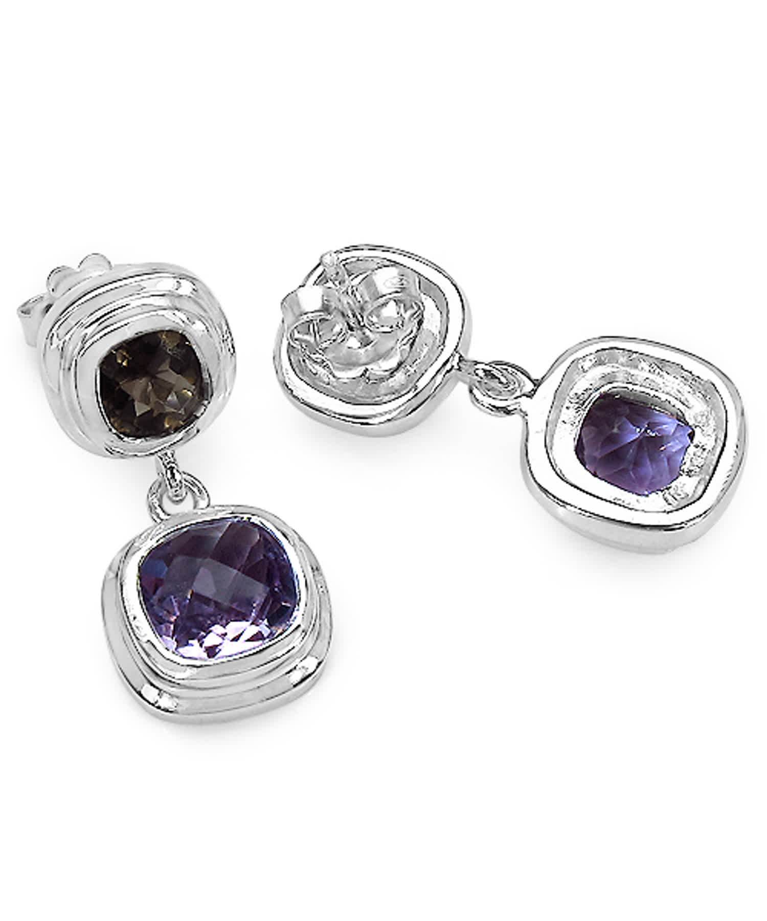 6.70ctw Natural Amethyst and Smoky Quartz Rhodium Plated 925 Sterling Silver Dangle Earrings View 2