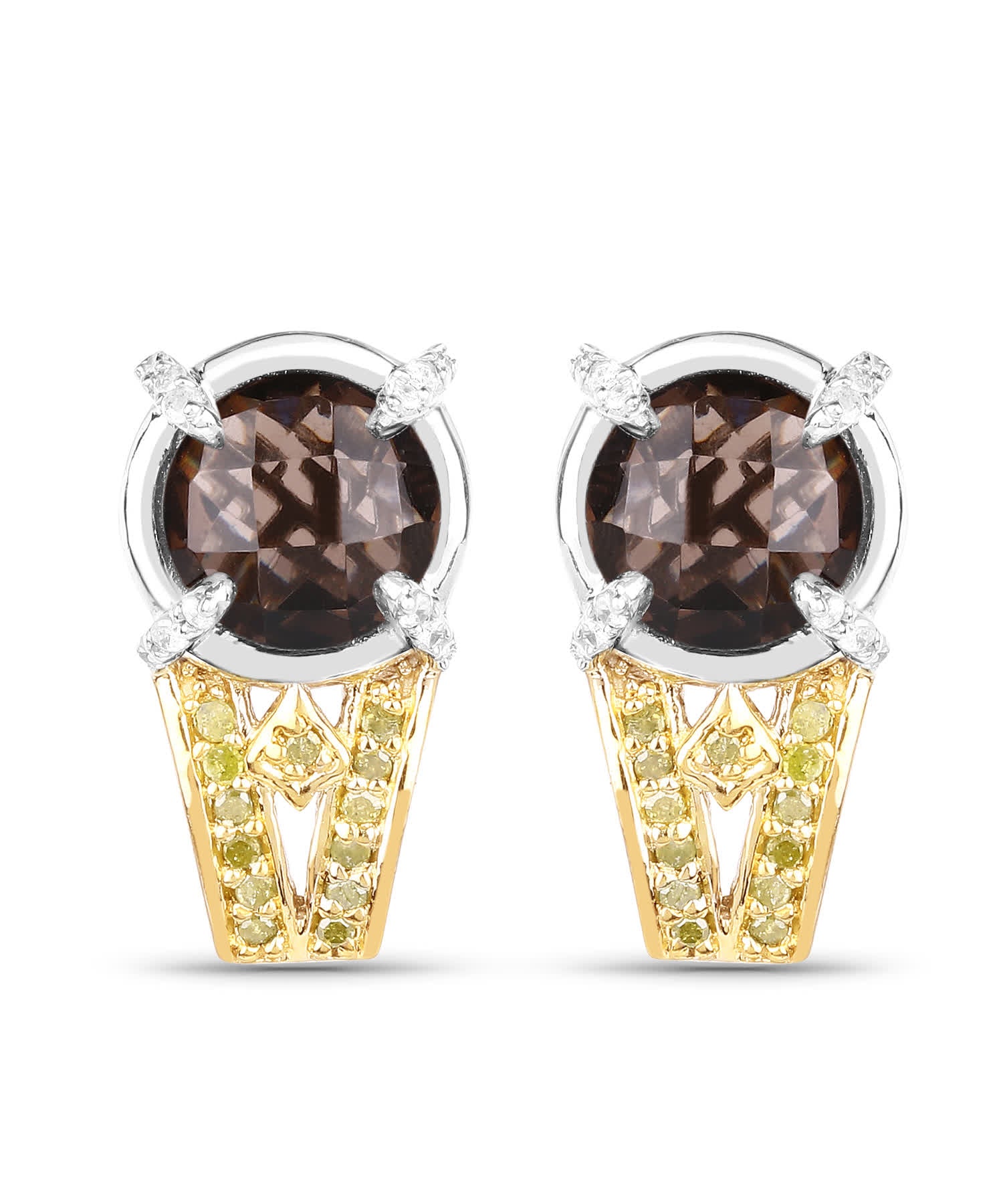 3.75 ctw Natural Smoky Quartz and Fancy Yellow Diamond Rhodium Plated 925 Sterling Silver Earrings View 1