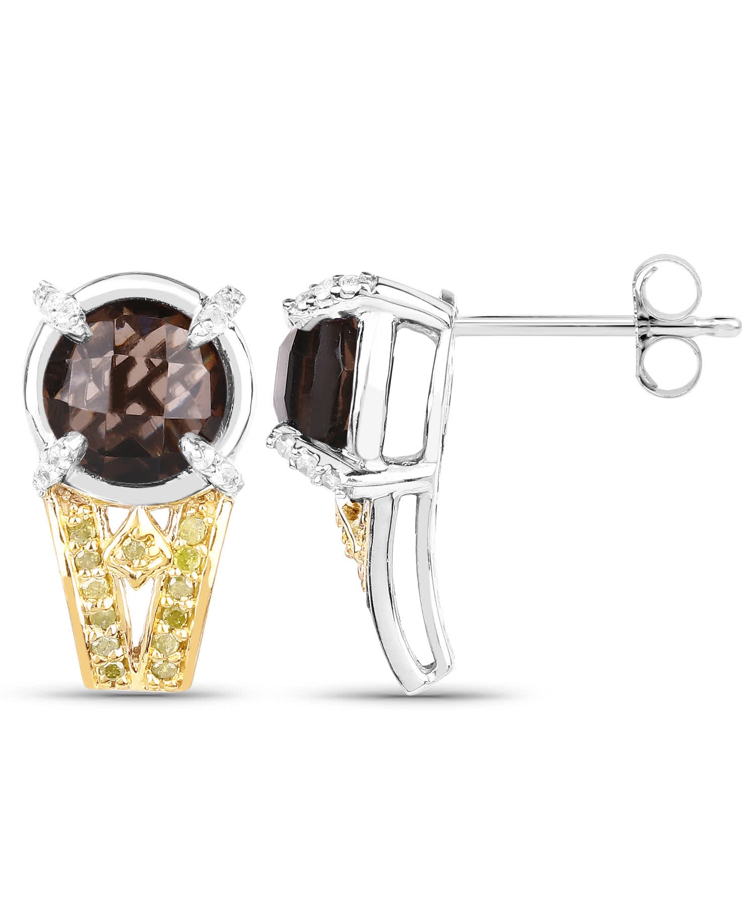 3.75 ctw Natural Smoky Quartz and Fancy Yellow Diamond Rhodium Plated 925 Sterling Silver Earrings View 2