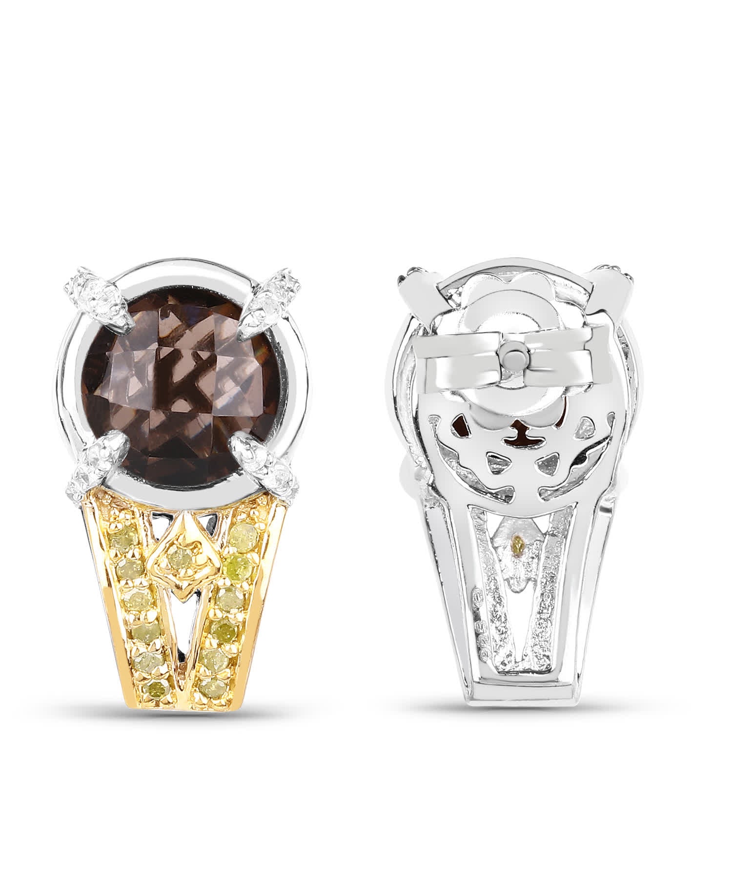 3.75 ctw Natural Smoky Quartz and Fancy Yellow Diamond Rhodium Plated 925 Sterling Silver Earrings View 3