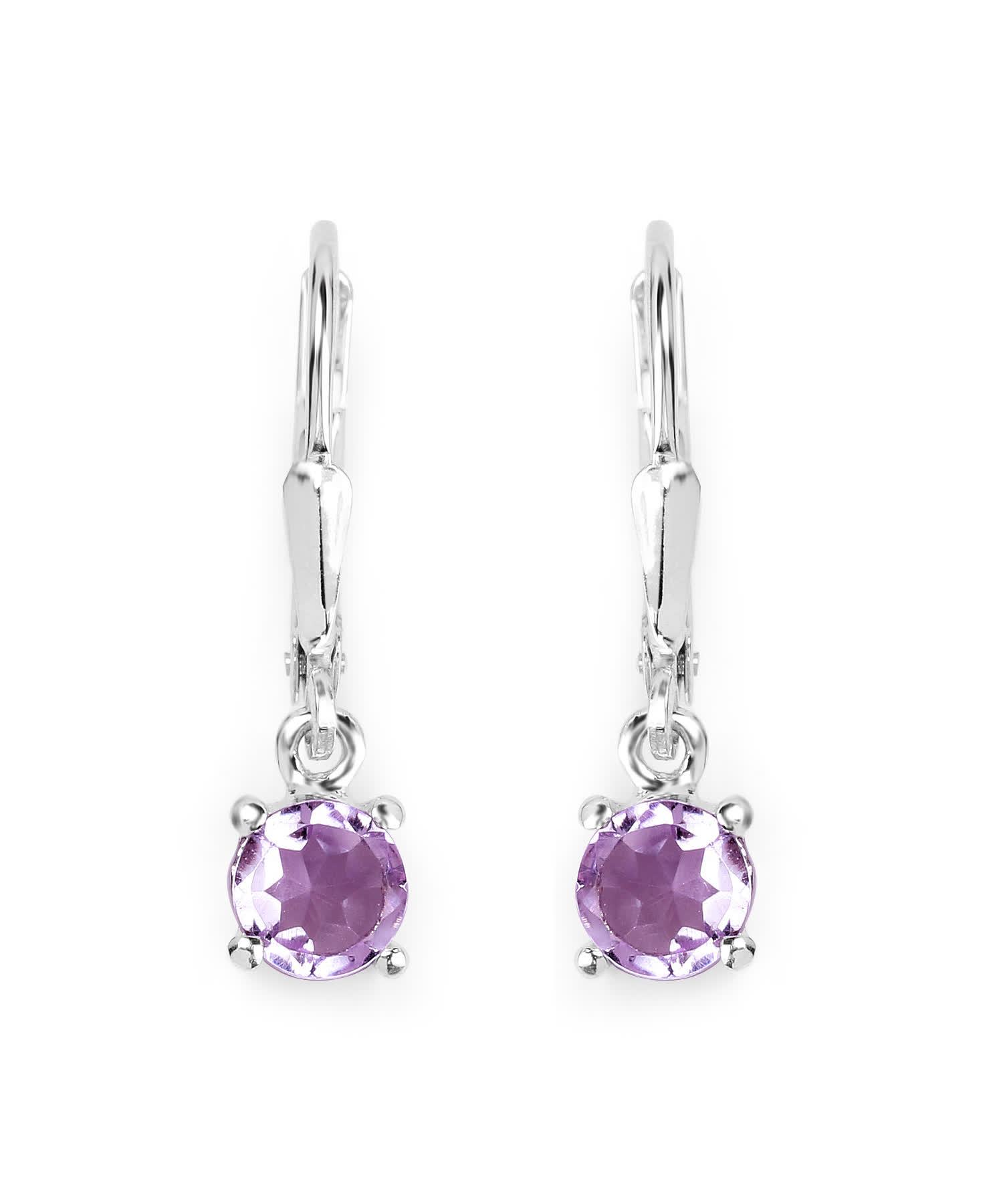 1.00ctw Natural Amethyst Rhodium Plated 925 Sterling Silver Dangle Earrings View 2