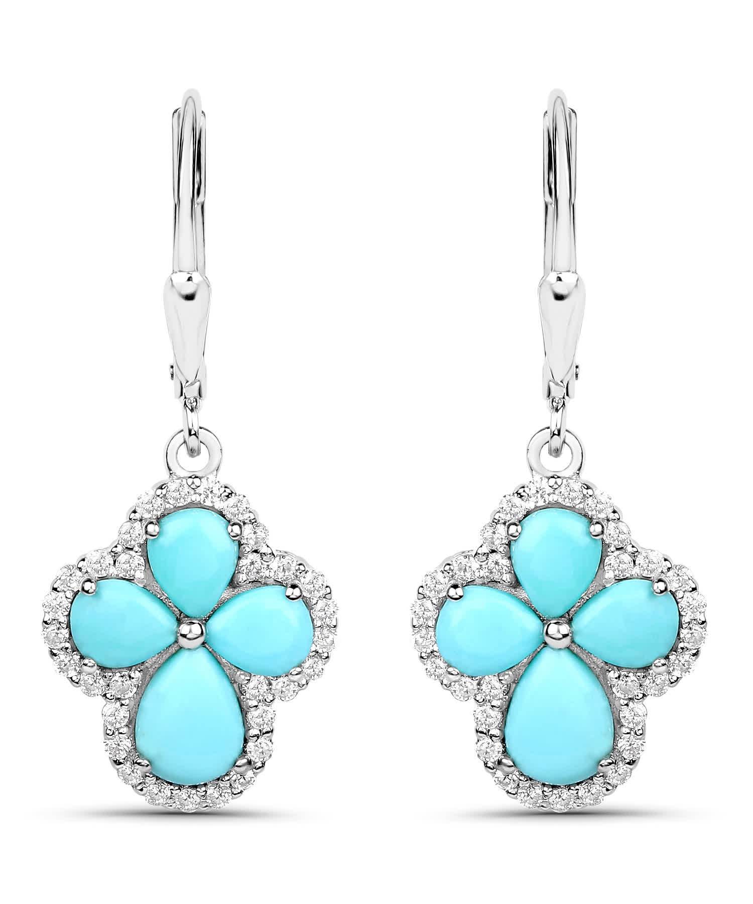 3.93ctw Turquoise and Zircon Rhodium Plated 925 Sterling Silver Cross Dangle Earrings View 2