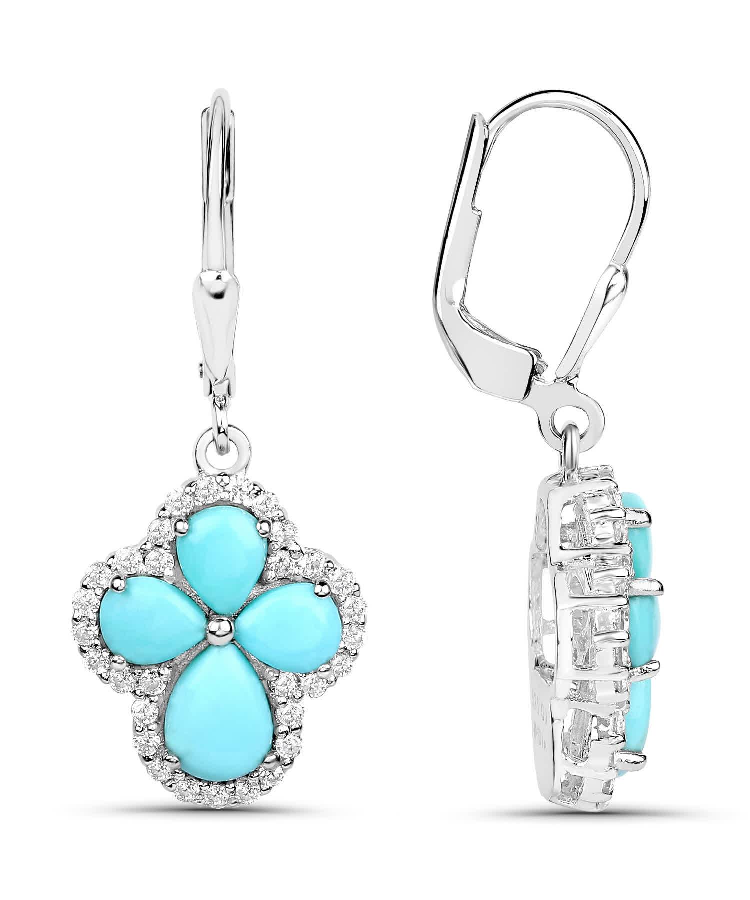 3.93ctw Turquoise and Zircon Rhodium Plated 925 Sterling Silver Cross Dangle Earrings View 3