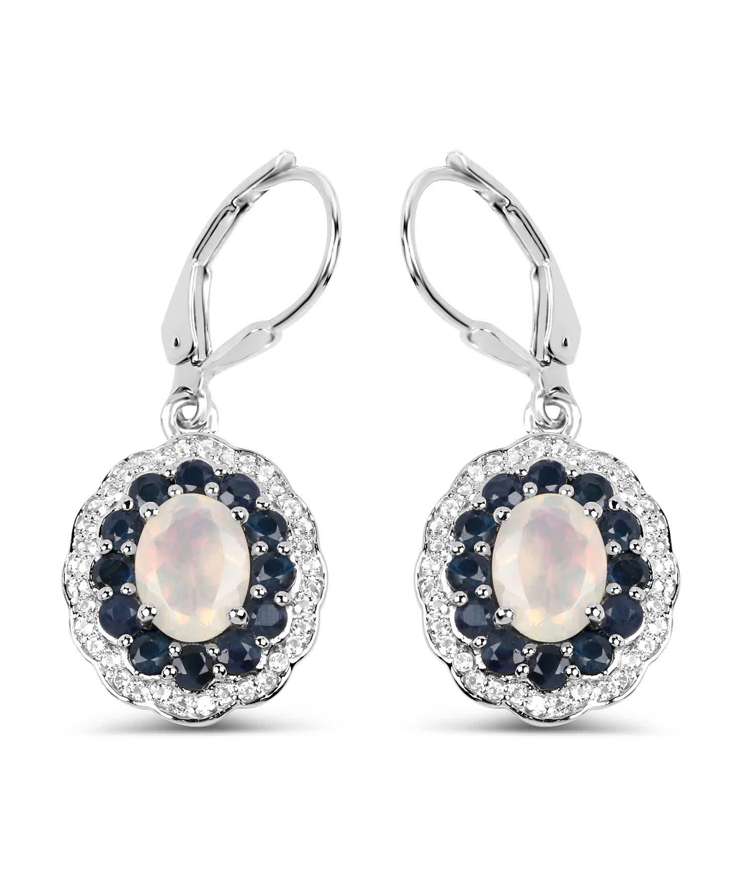 2.80ctw Natural Opal, Midnight Blue Sapphire and Topaz Rhodium Plated 925 Sterling Silver Dangle Earrings View 1