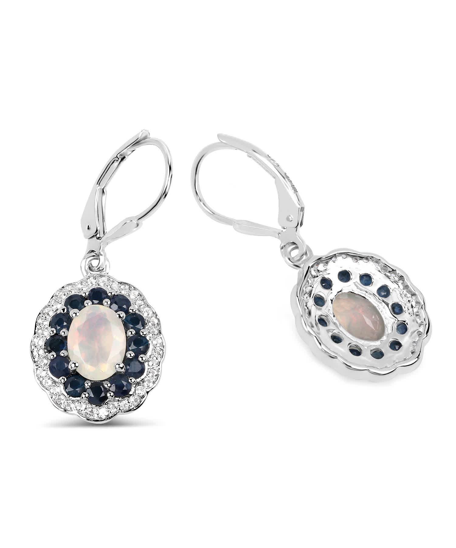 2.80ctw Natural Opal, Midnight Blue Sapphire and Topaz Rhodium Plated 925 Sterling Silver Dangle Earrings View 2
