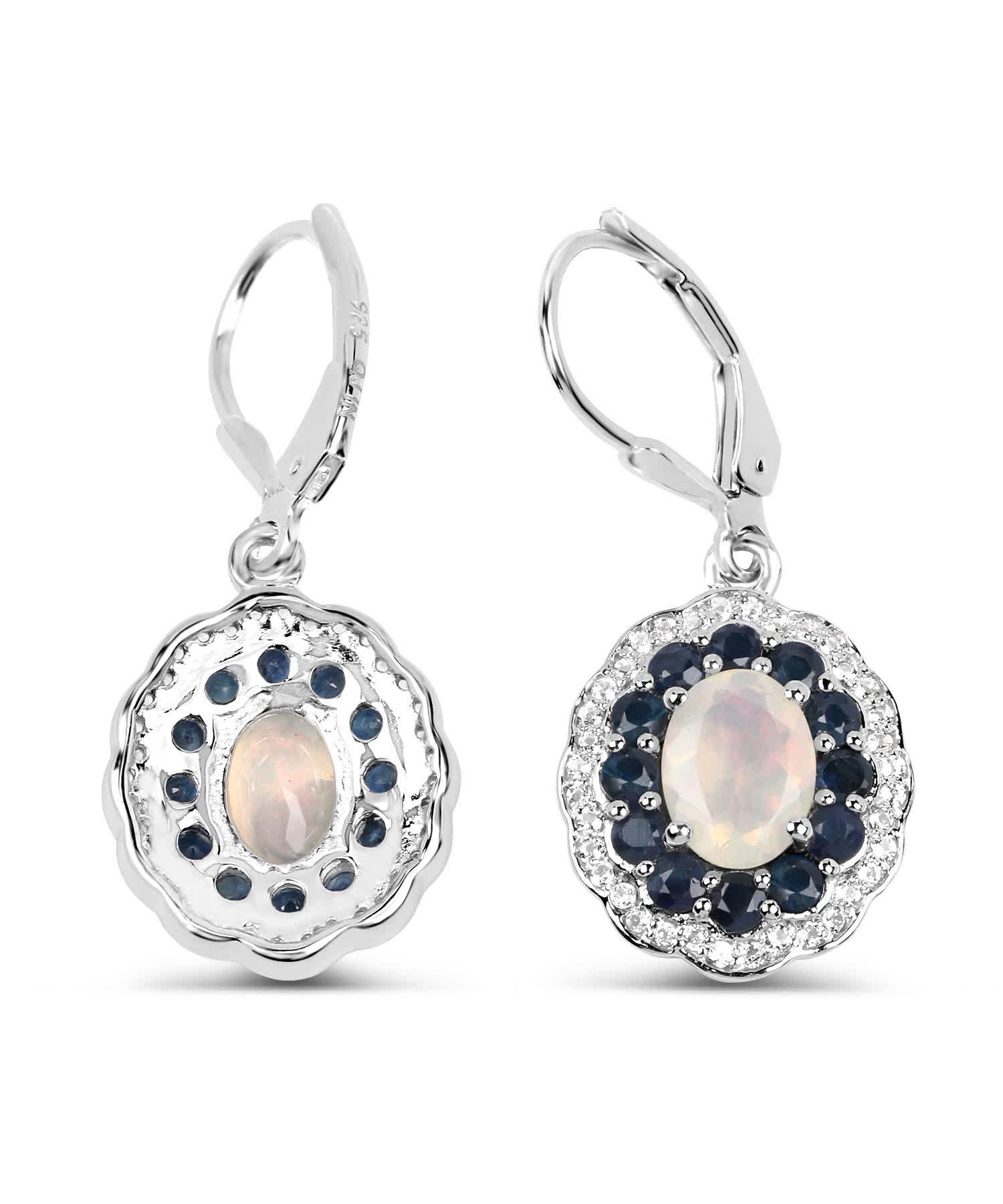 2.80ctw Natural Opal, Midnight Blue Sapphire and Topaz Rhodium Plated 925 Sterling Silver Dangle Earrings View 3