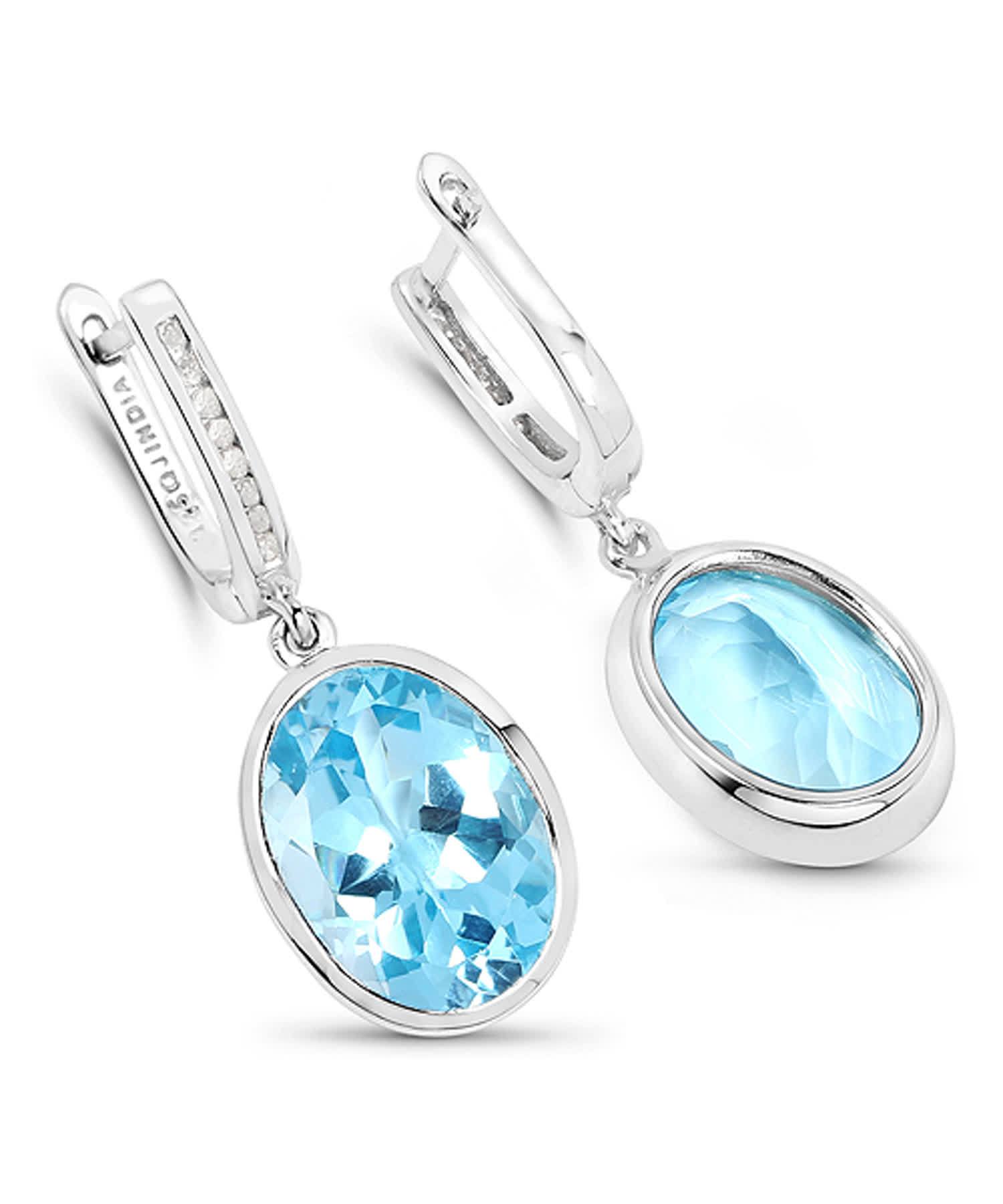15.13ctw Natural Swiss Blue Topaz and Diamond Rhodium Plated 925 Sterling Silver Dangle Earrings View 2