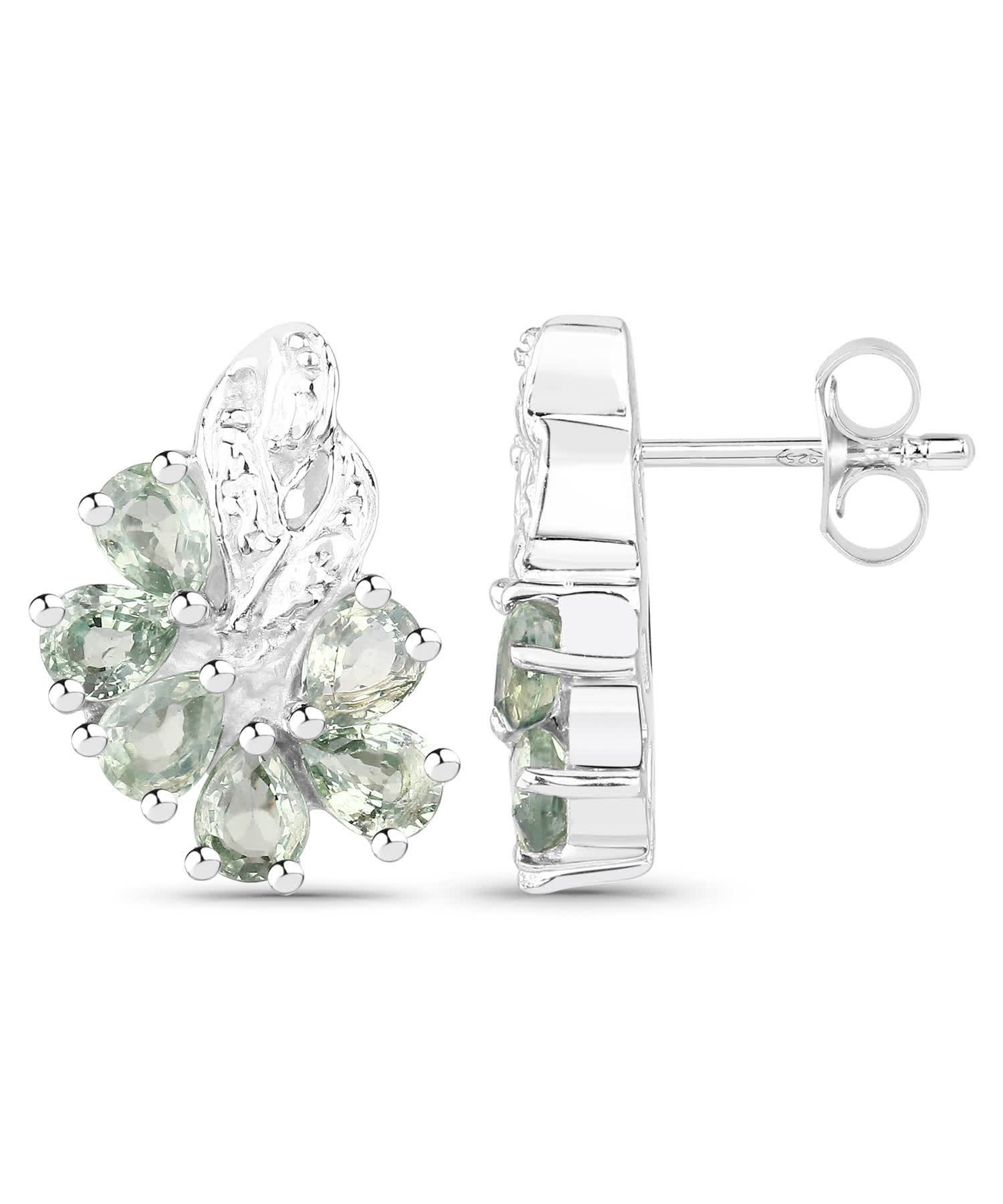 1.80ctw Natural Green Sapphire Rhodium Plated 925 Sterling Silver Leaf Earrings View 2