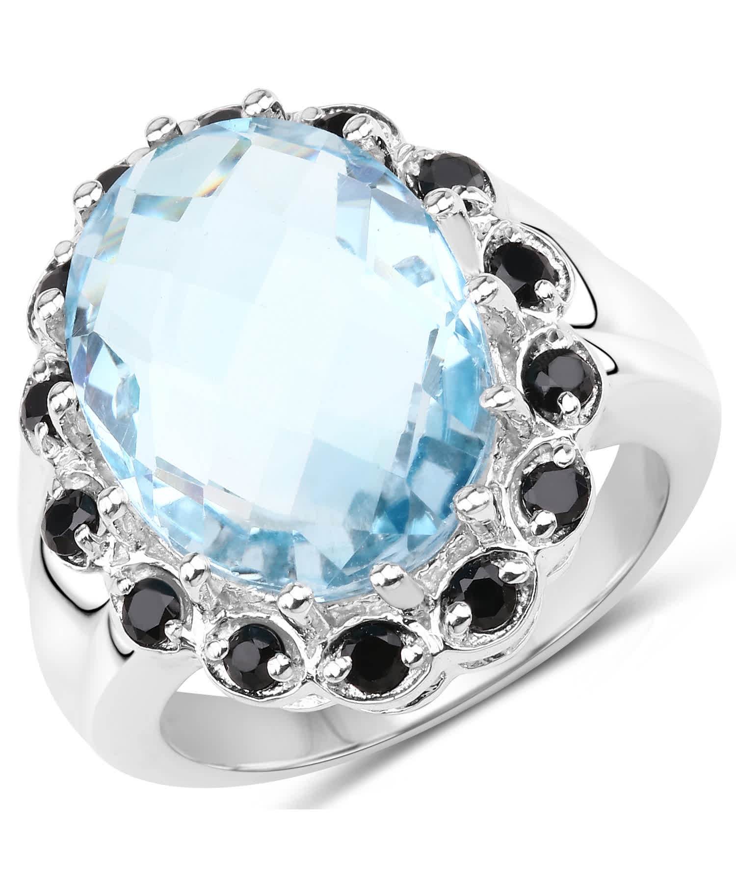 12.49ctw Natural Swiss Blue Topaz and Black Spinel Rhodium Plated 925 Sterling Silver Halo Cocktail Ring View 1