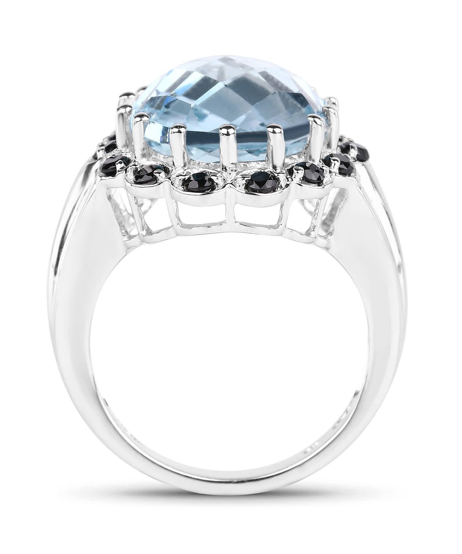 12.49ctw Natural Swiss Blue Topaz and Black Spinel Rhodium Plated 925 Sterling Silver Halo Cocktail Ring View 2