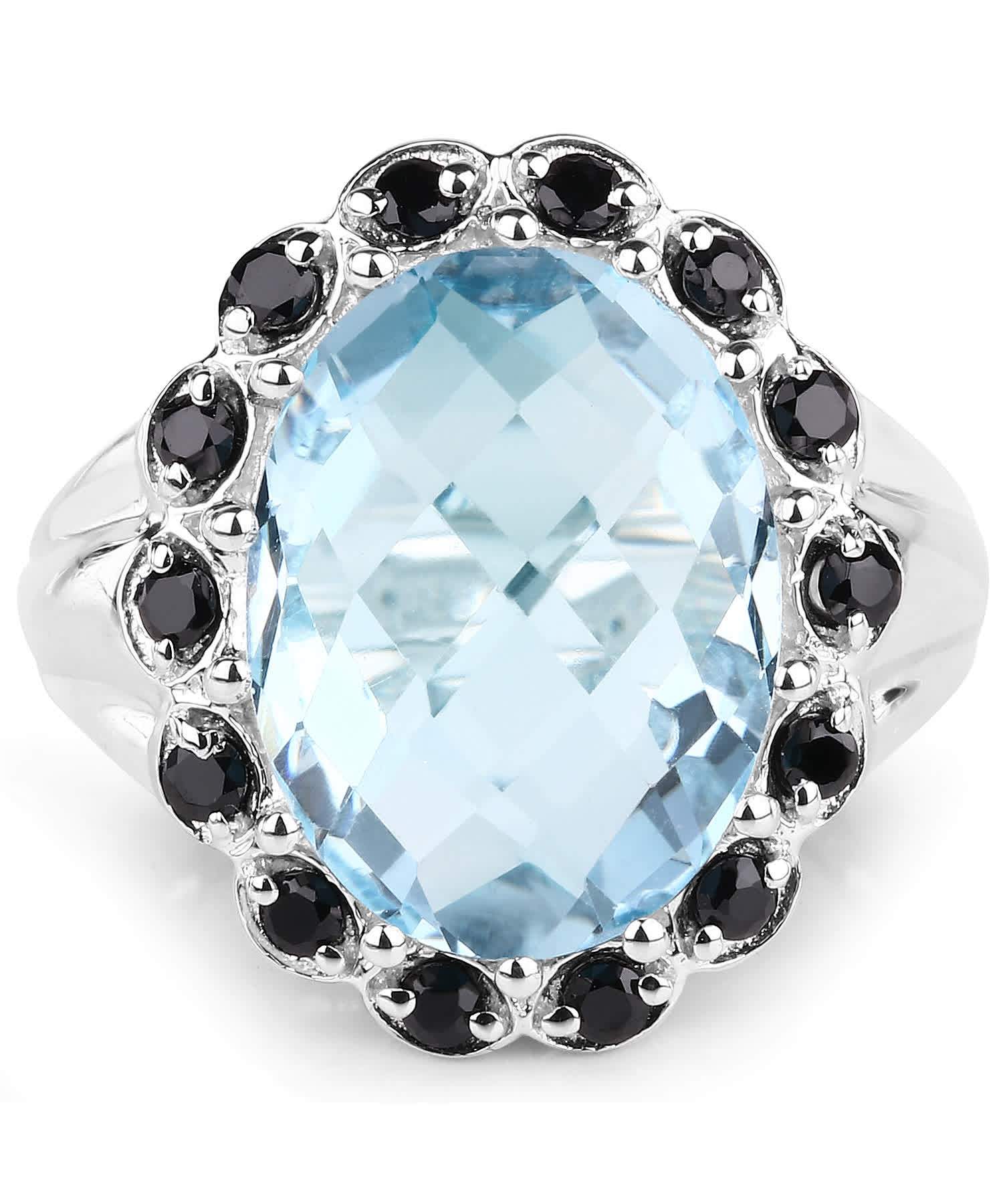 12.49ctw Natural Swiss Blue Topaz and Black Spinel Rhodium Plated 925 Sterling Silver Halo Cocktail Ring View 3