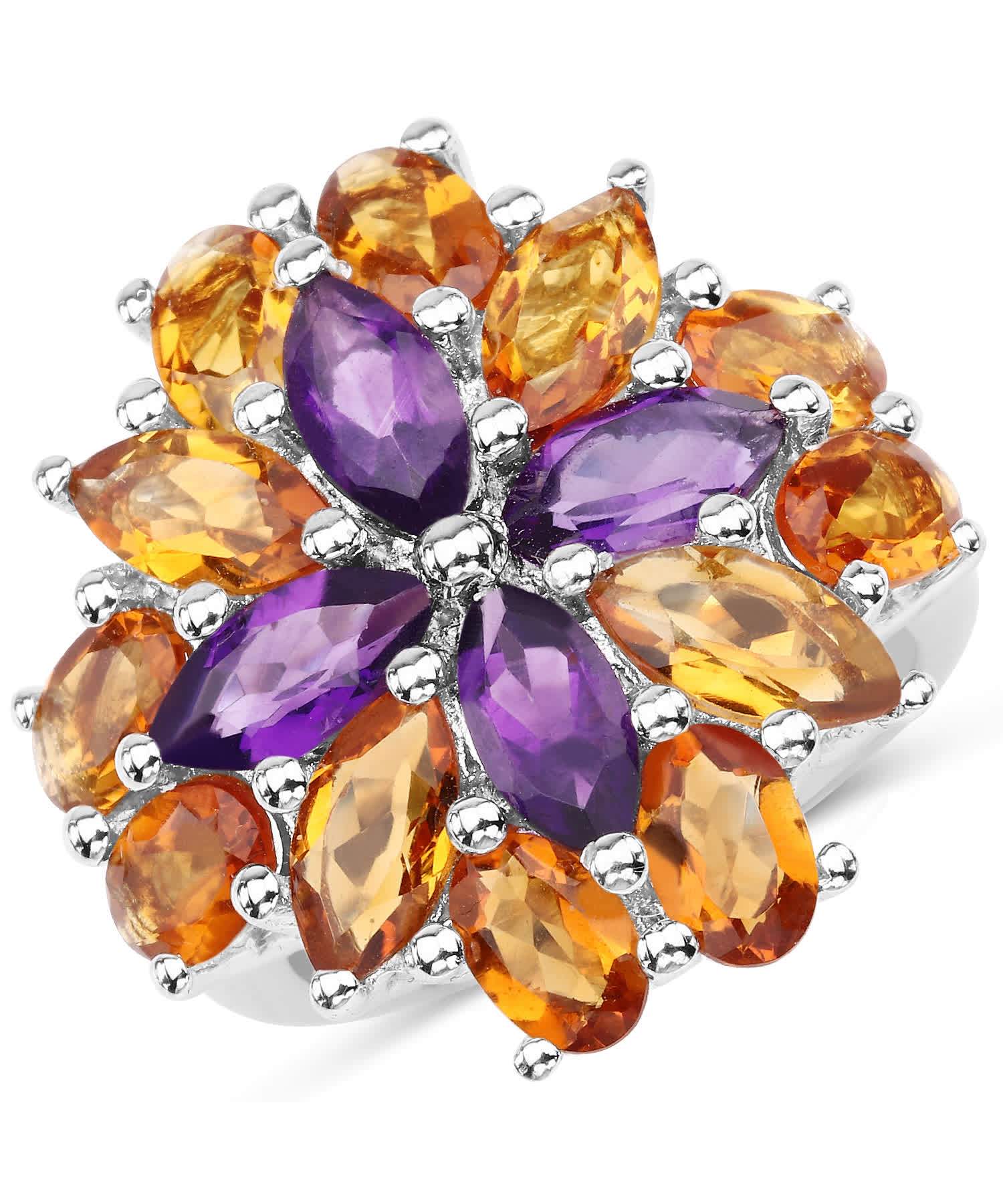 7.96ctw Natural Amethyst and Honey Citrine Rhodium Plated 925 Sterling Silver Flower Cocktail Ring View 1