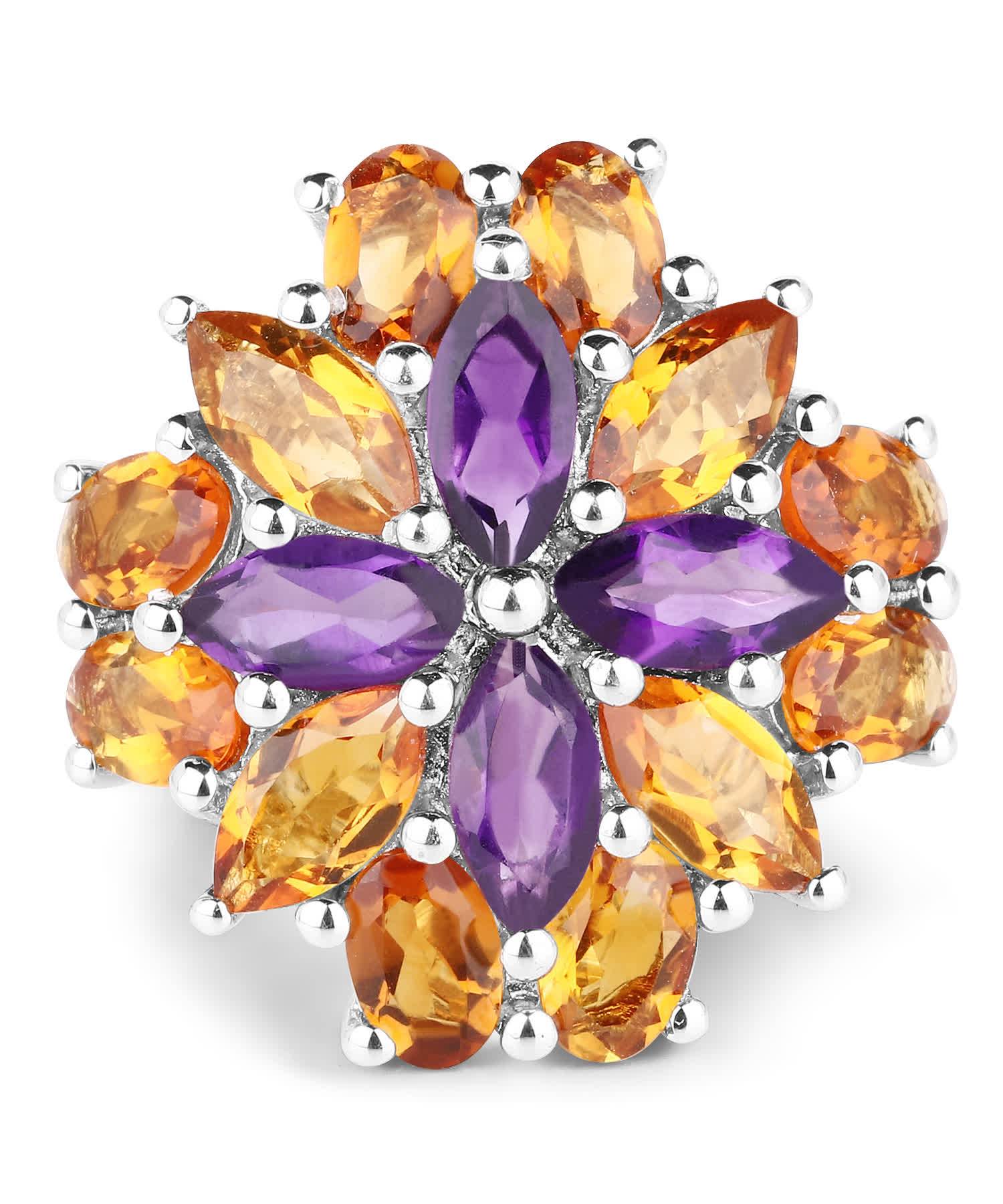 7.96ctw Natural Amethyst and Honey Citrine Rhodium Plated 925 Sterling Silver Flower Cocktail Ring View 3