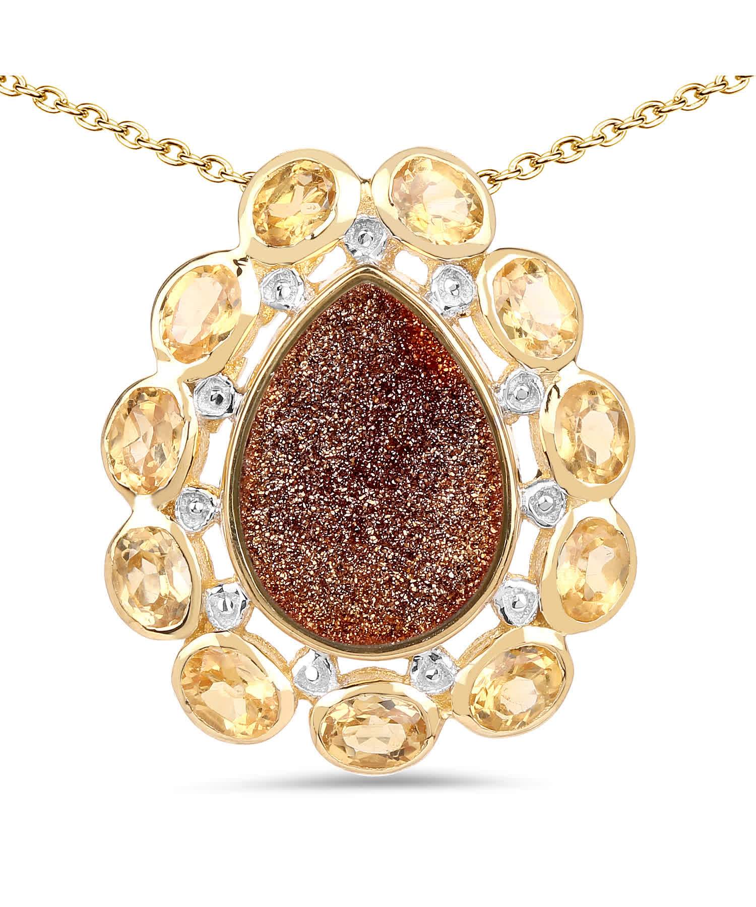 5.14ctw Natural Drusy Agate and Citrine 14k Gold Plated 925 Sterling Silver Pendant With Chain View 1