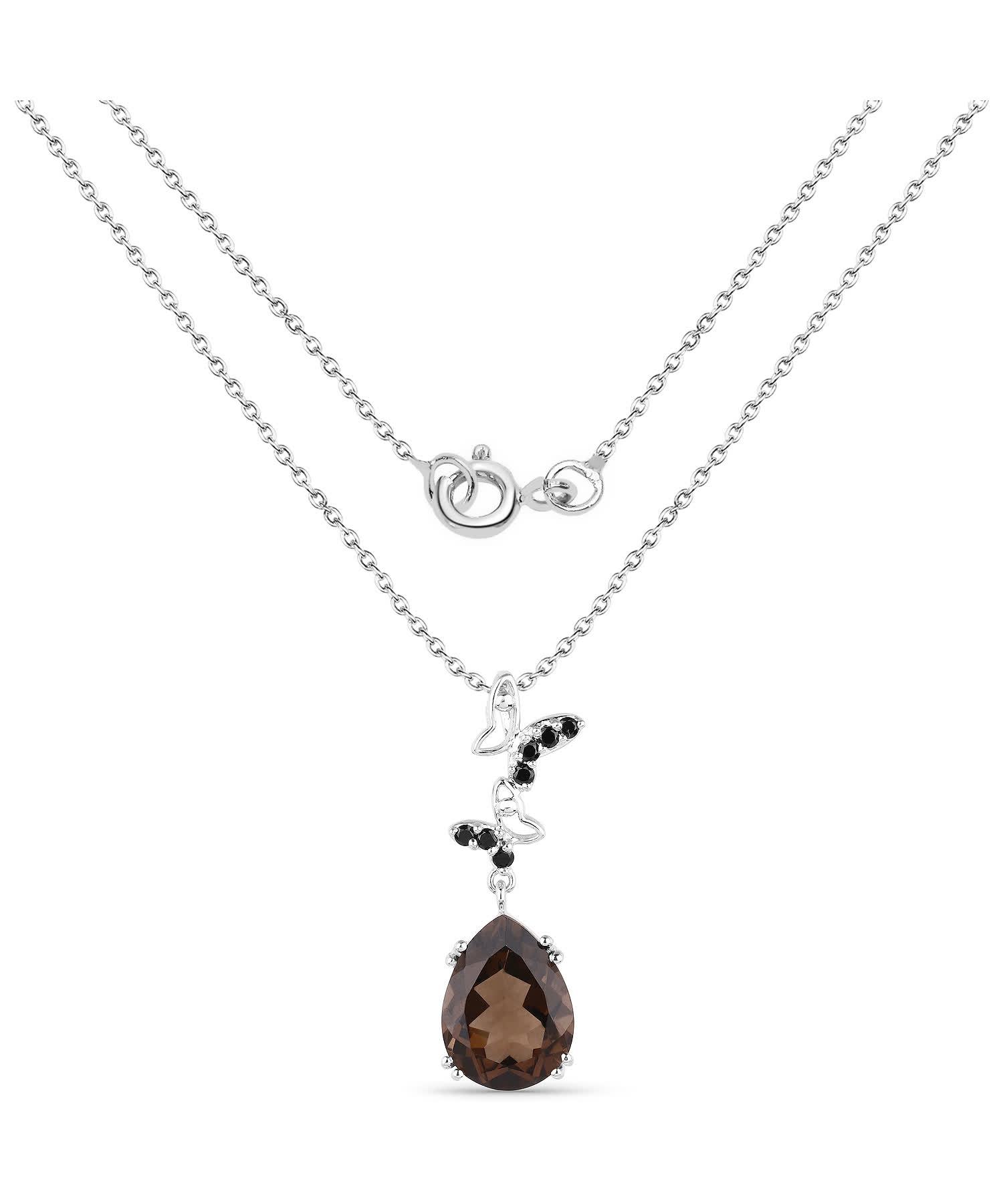 7.54ctw Natural Smoky Quartz and Black Spinel Rhodium Plated 925 Sterling Silver Drop Pendant With Chain View 2