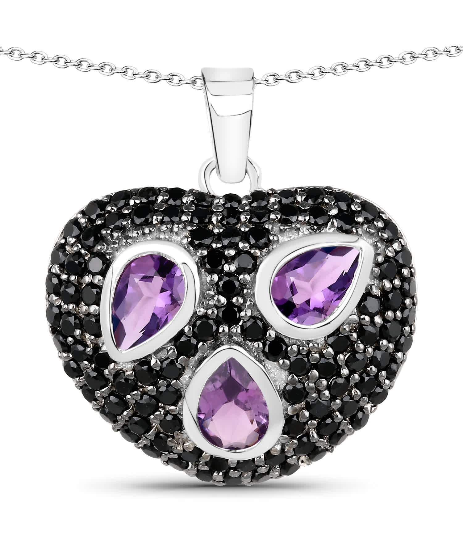 3.00ctw Natural Amethyst and Black Spinel Rhodium Plated 925 Sterling Silver Heart Pendant With Chain View 1