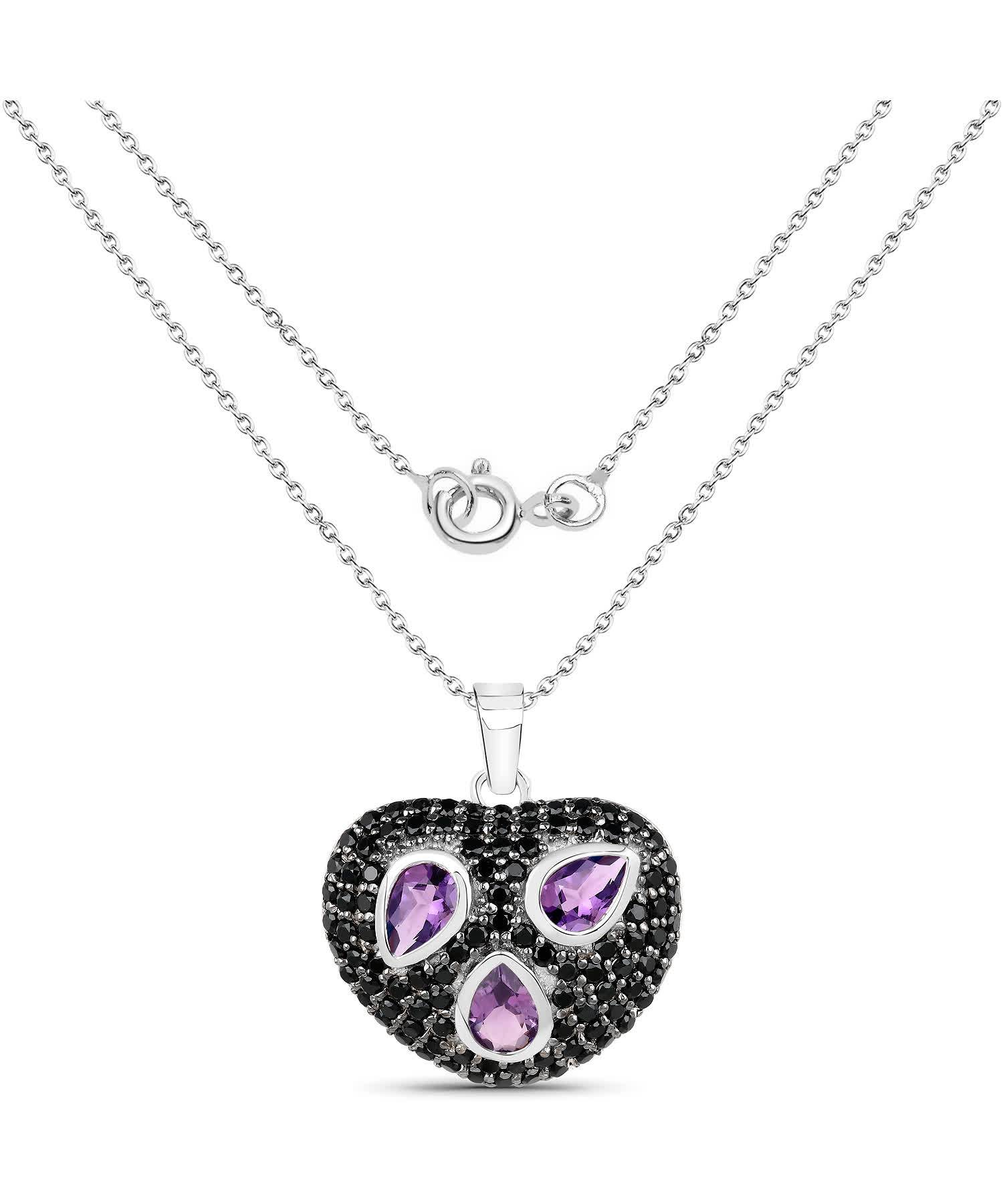 3.00ctw Natural Amethyst and Black Spinel Rhodium Plated 925 Sterling Silver Heart Pendant With Chain View 2