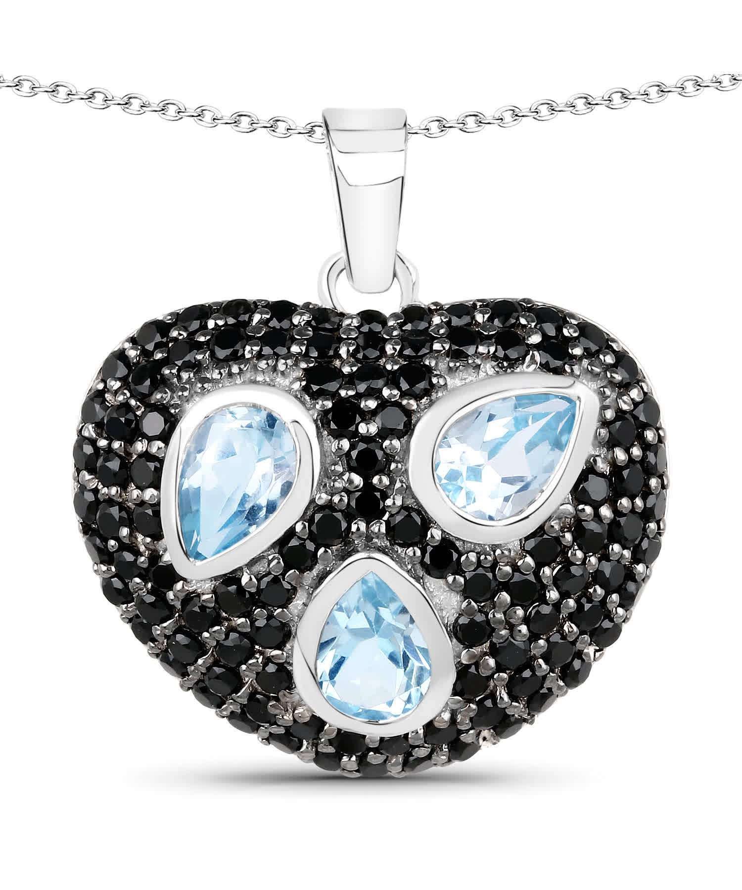 3.39ctw Natural Sky Blue Topaz and Black Spinel Rhodium Plated 925 Sterling Silver Heart Pendant With Chain View 1