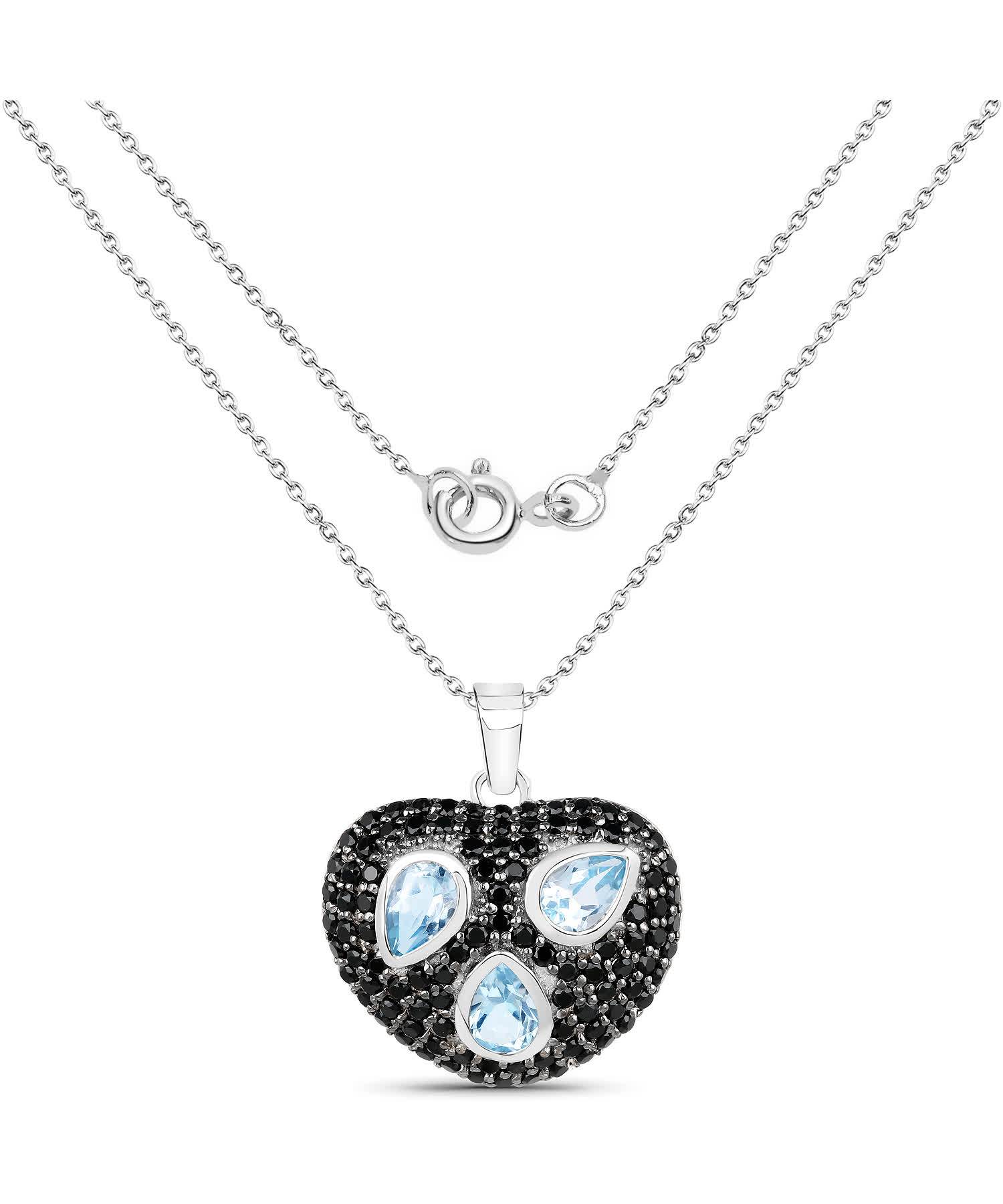 3.39ctw Natural Sky Blue Topaz and Black Spinel Rhodium Plated 925 Sterling Silver Heart Pendant With Chain View 2