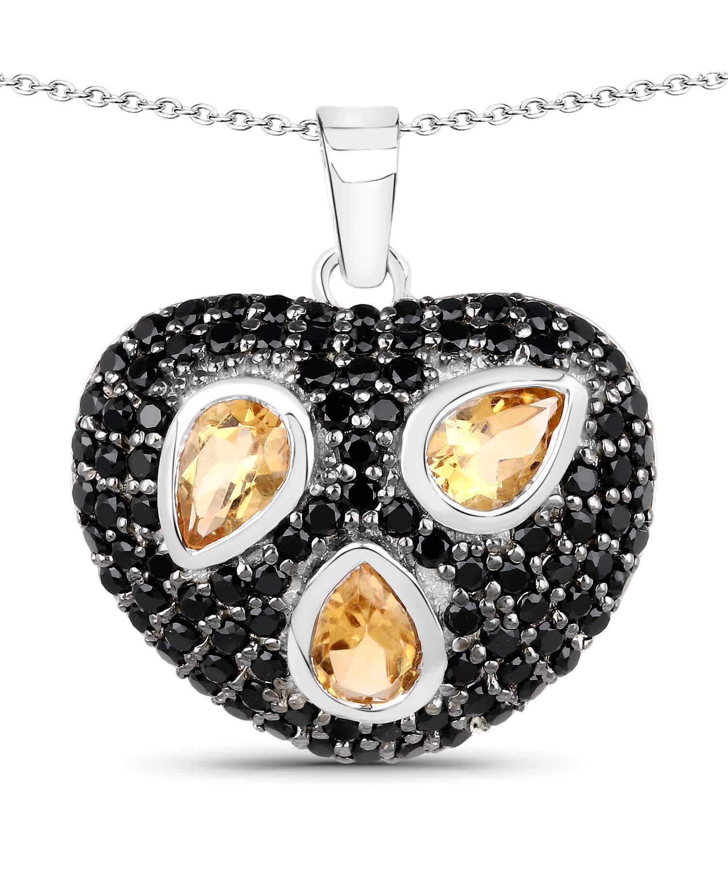 2.94ctw Natural Citrine and Black Spinel Rhodium Plated 925 Sterling Silver Heart Pendant With Chain View 1