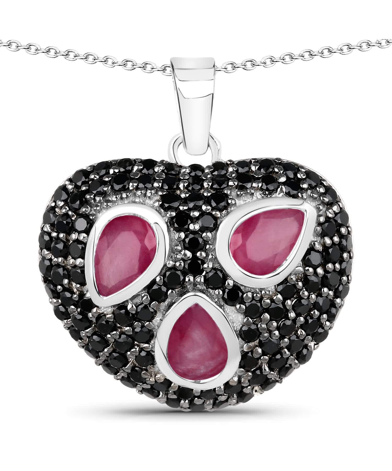 3.65ctw Natural Ruby and Black Spinel Rhodium Plated Silver Heart Pendant With Chain View 1