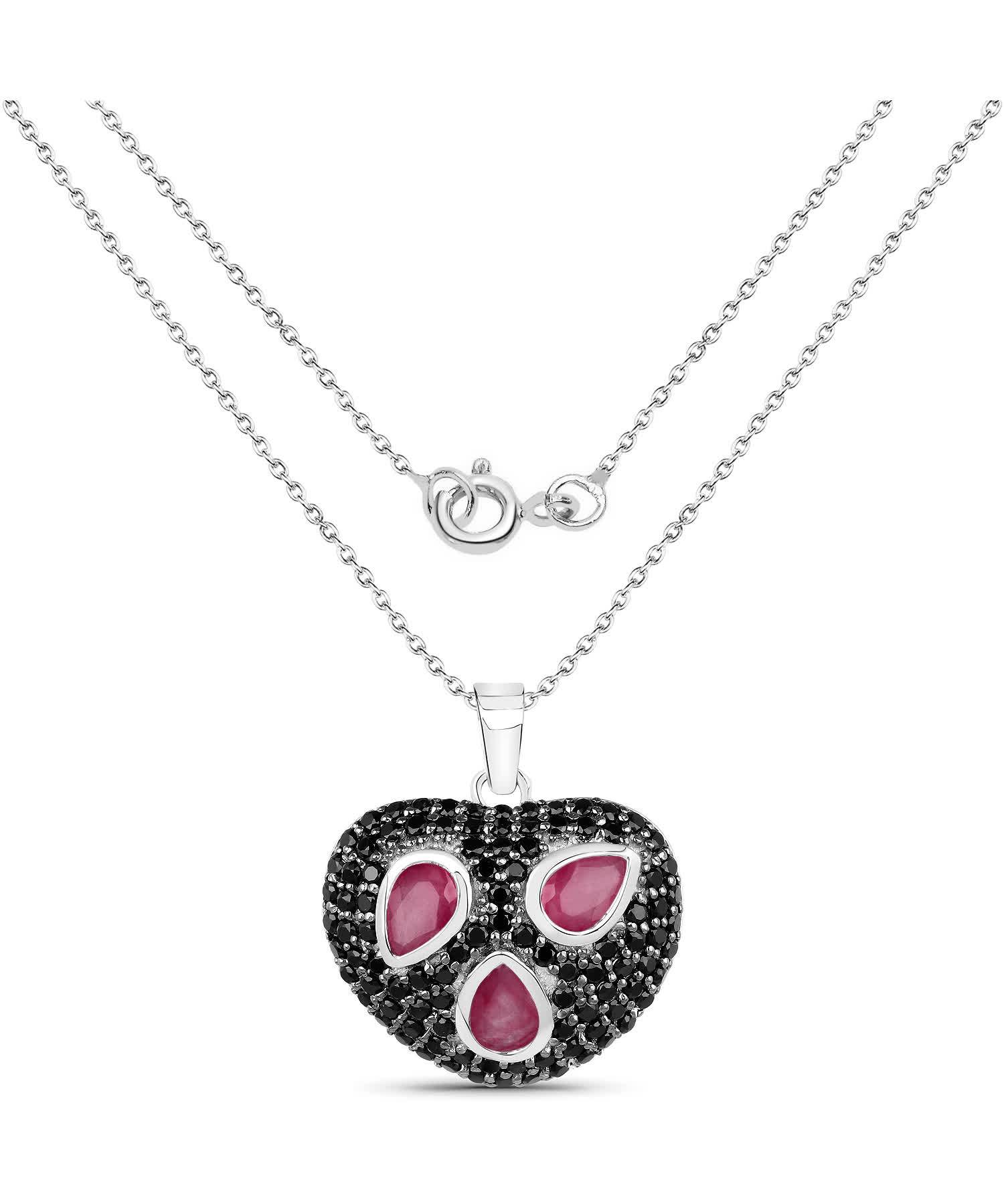 3.65ctw Natural Ruby and Black Spinel Rhodium Plated Silver Heart Pendant With Chain View 2