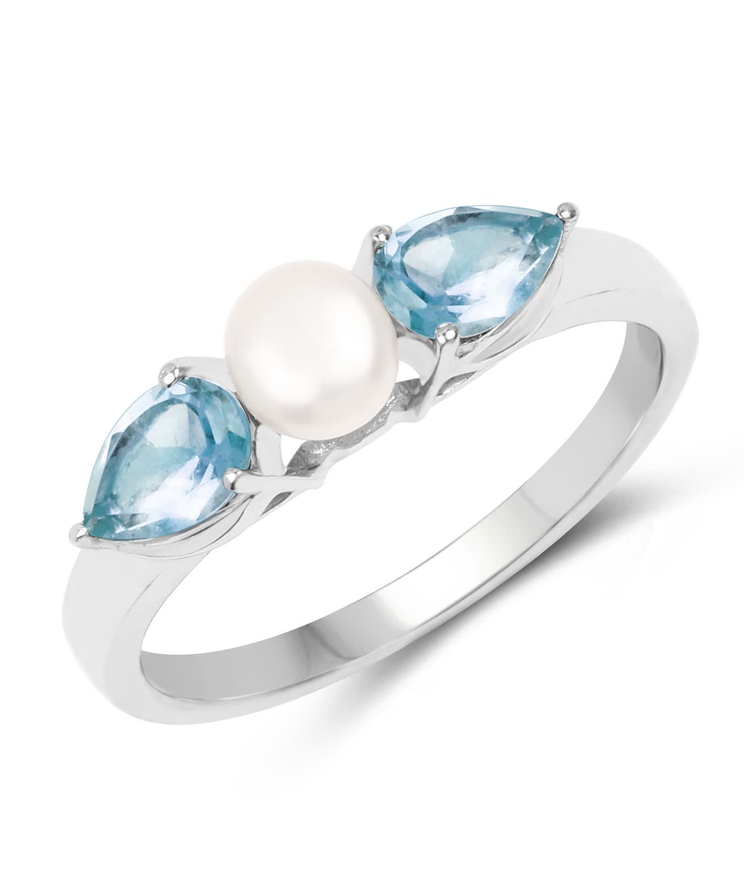 0.96ctw Natural Freshwater Pearl and Swiss Blue Topaz Rhodium Plated 925 Sterling Silver Right Hand Ring View 1