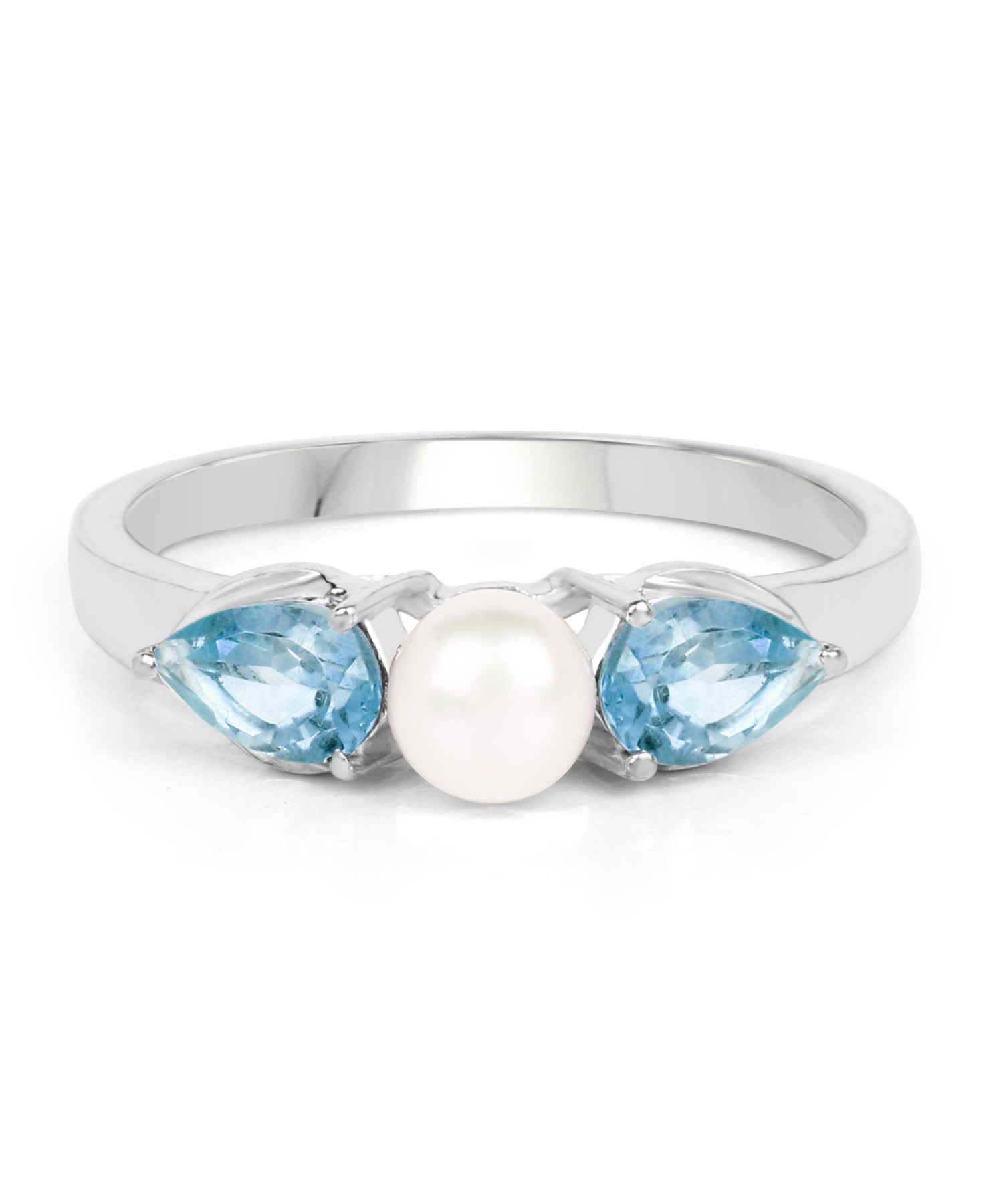 0.96ctw Natural Freshwater Pearl and Swiss Blue Topaz Rhodium Plated 925 Sterling Silver Right Hand Ring View 2
