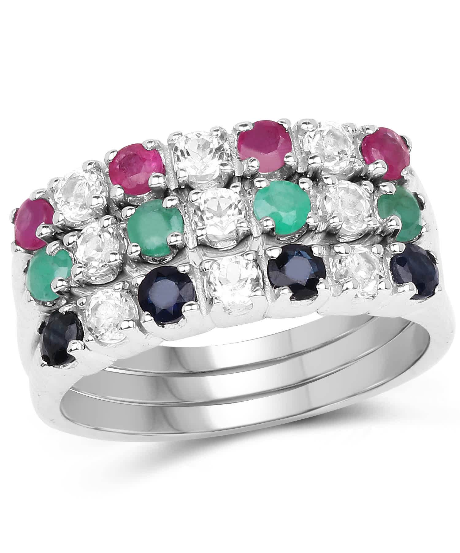 1.56ctw Natural Midnight Blue Sapphire, Ruby, Emerald and Topaz Rhodium Plated 925 Sterling Silver Stackable Band View 1
