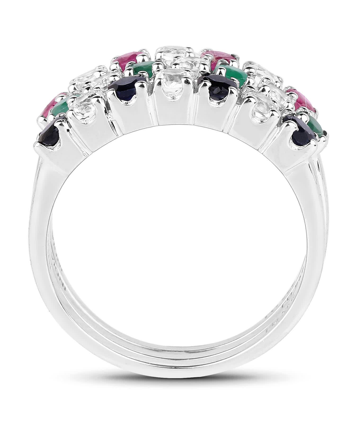 1.56ctw Natural Midnight Blue Sapphire, Ruby, Emerald and Topaz Rhodium Plated 925 Sterling Silver Stackable Band View 2