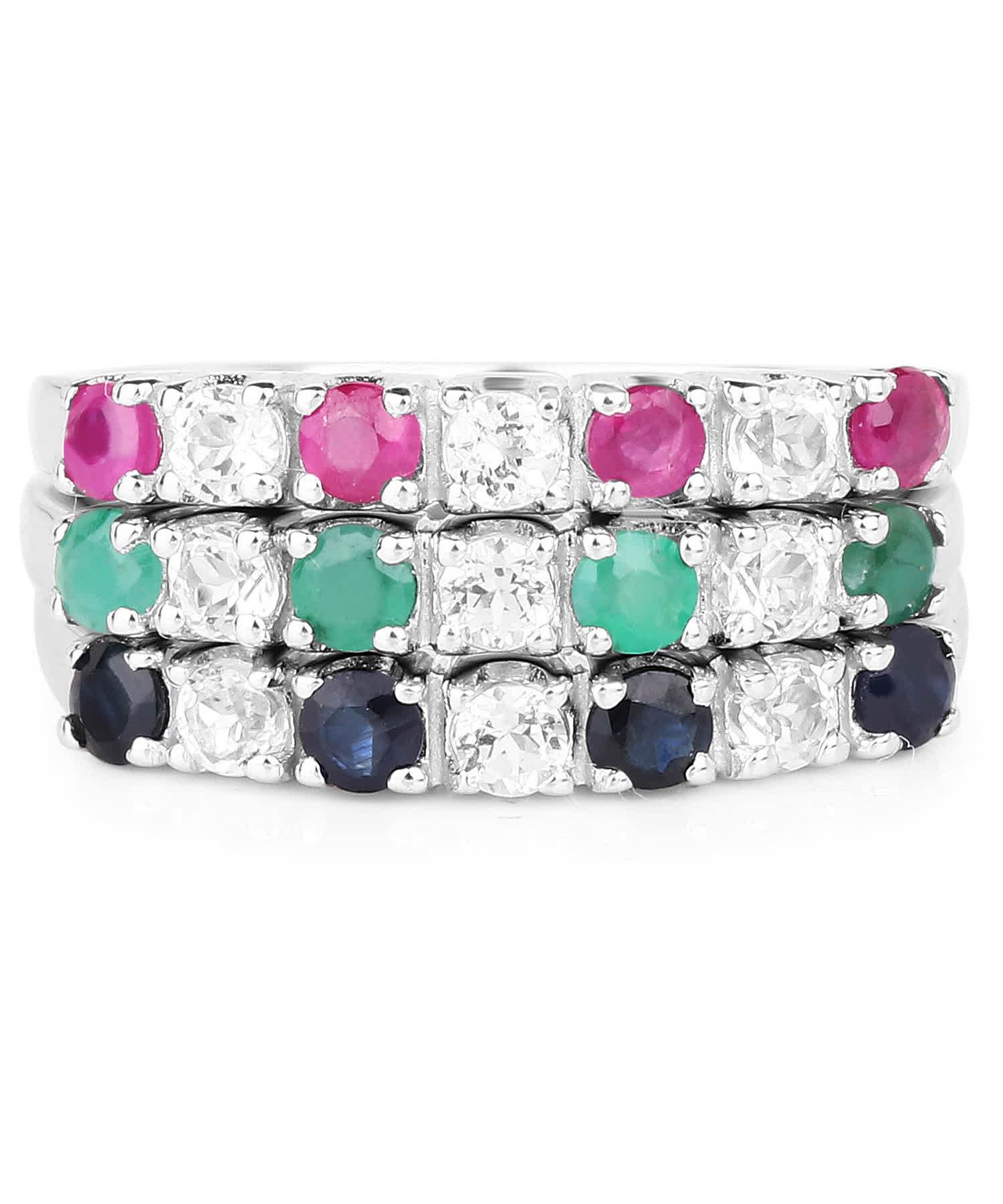 1.56ctw Natural Midnight Blue Sapphire, Ruby, Emerald and Topaz Rhodium Plated 925 Sterling Silver Stackable Band View 3