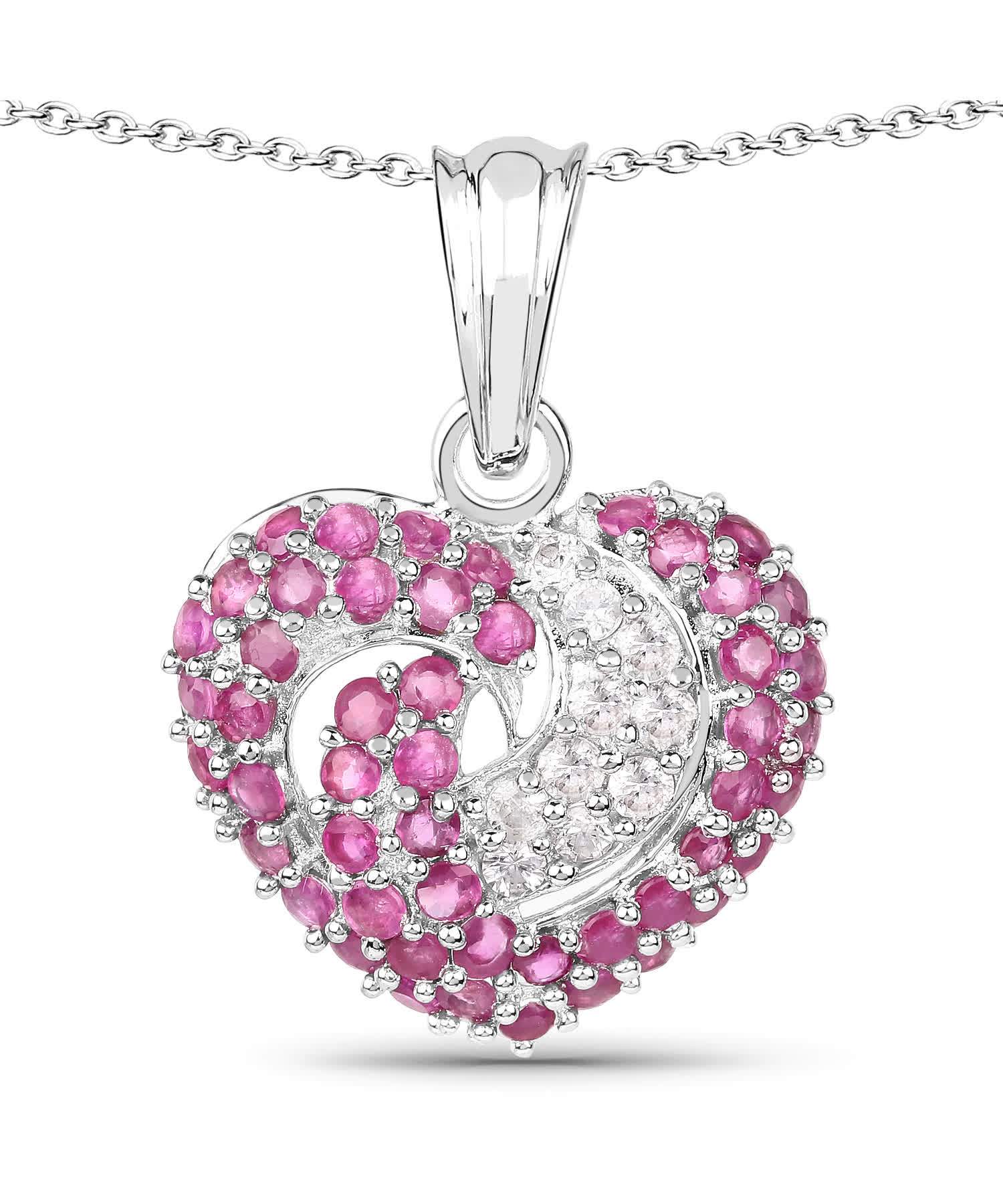 2.75ctw Natural Ruby and White Sapphire Rhodium Plated 925 Sterling Silver Heart Pendant With Chain View 1