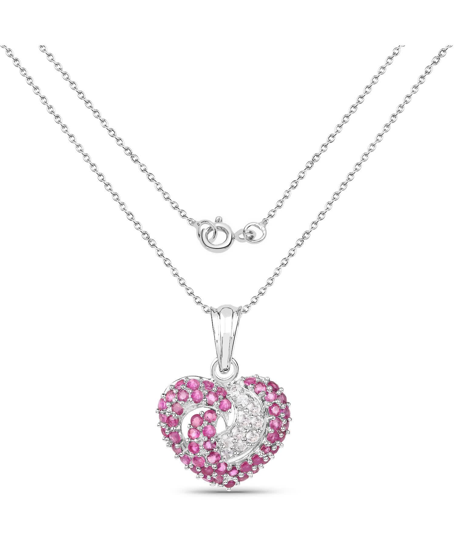 2.75ctw Natural Ruby and White Sapphire Rhodium Plated 925 Sterling Silver Heart Pendant With Chain View 2