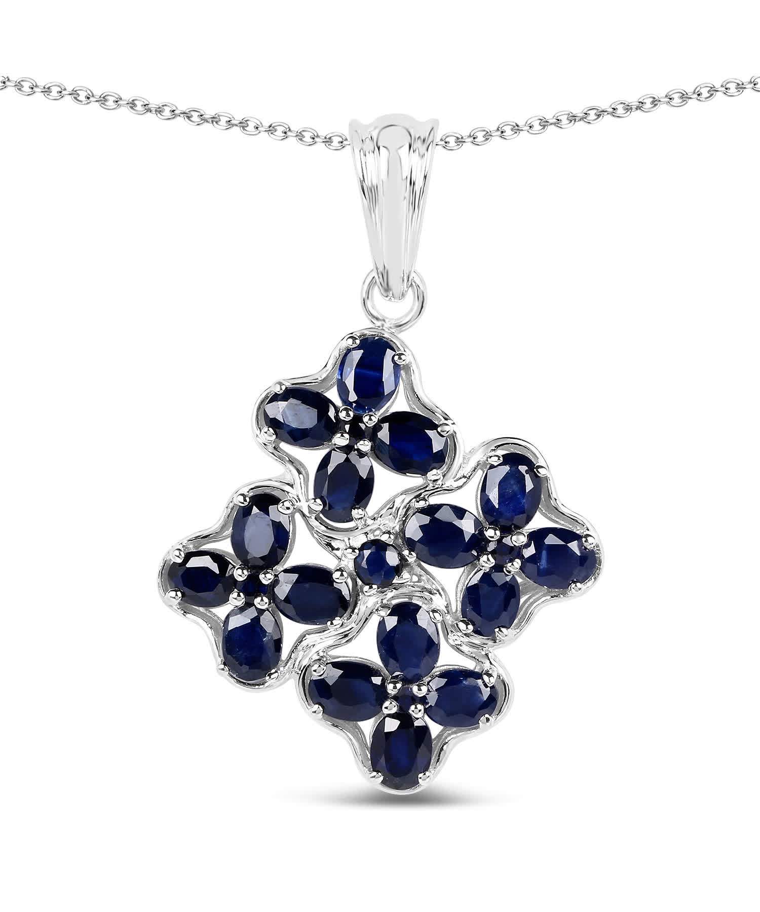 3.68ctw Natural Midnight Blue Sapphire Rhodium Plated 925 Sterling Silver Flower Pendant With Chain View 1