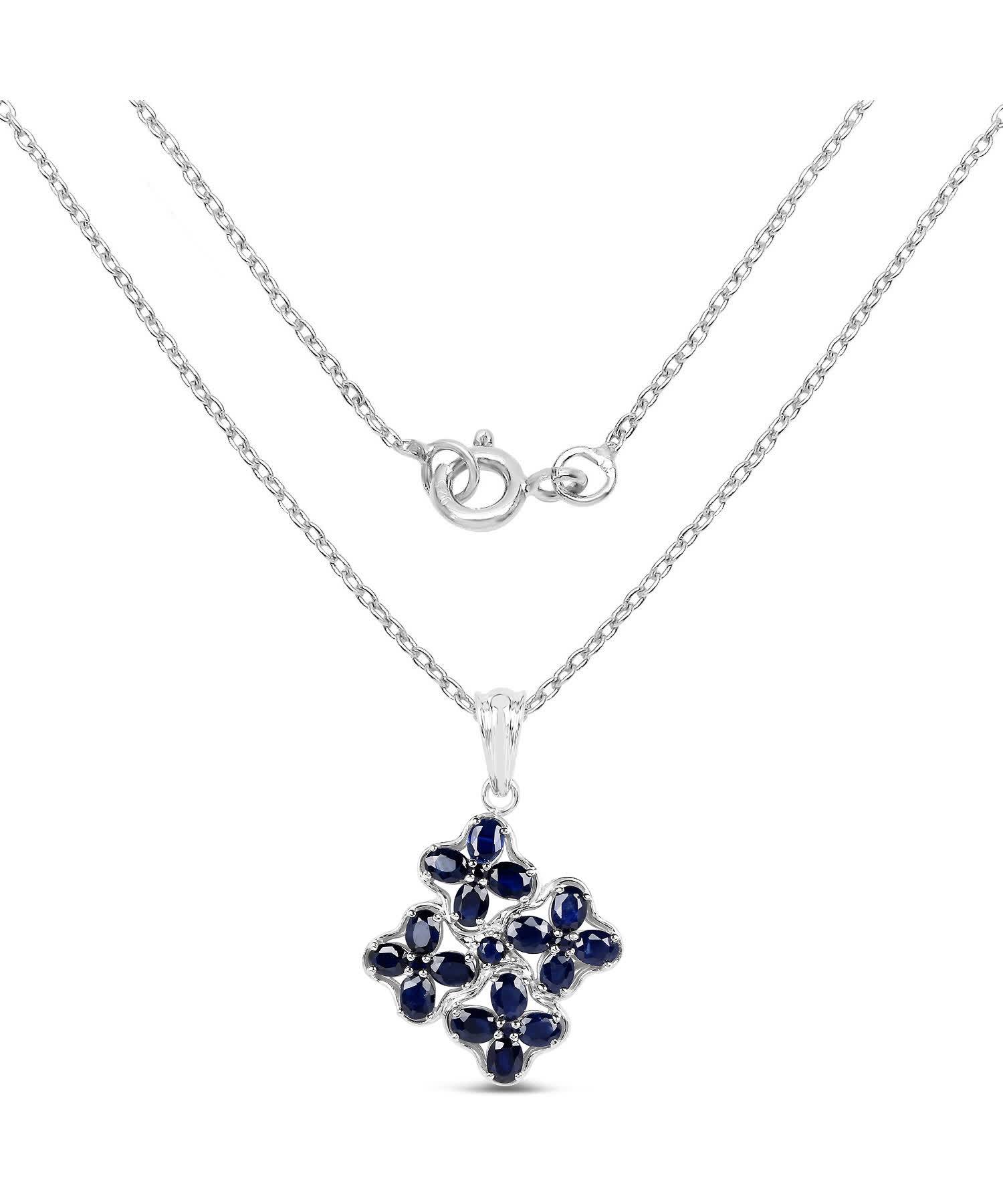 3.68ctw Natural Midnight Blue Sapphire Rhodium Plated 925 Sterling Silver Flower Pendant With Chain View 2