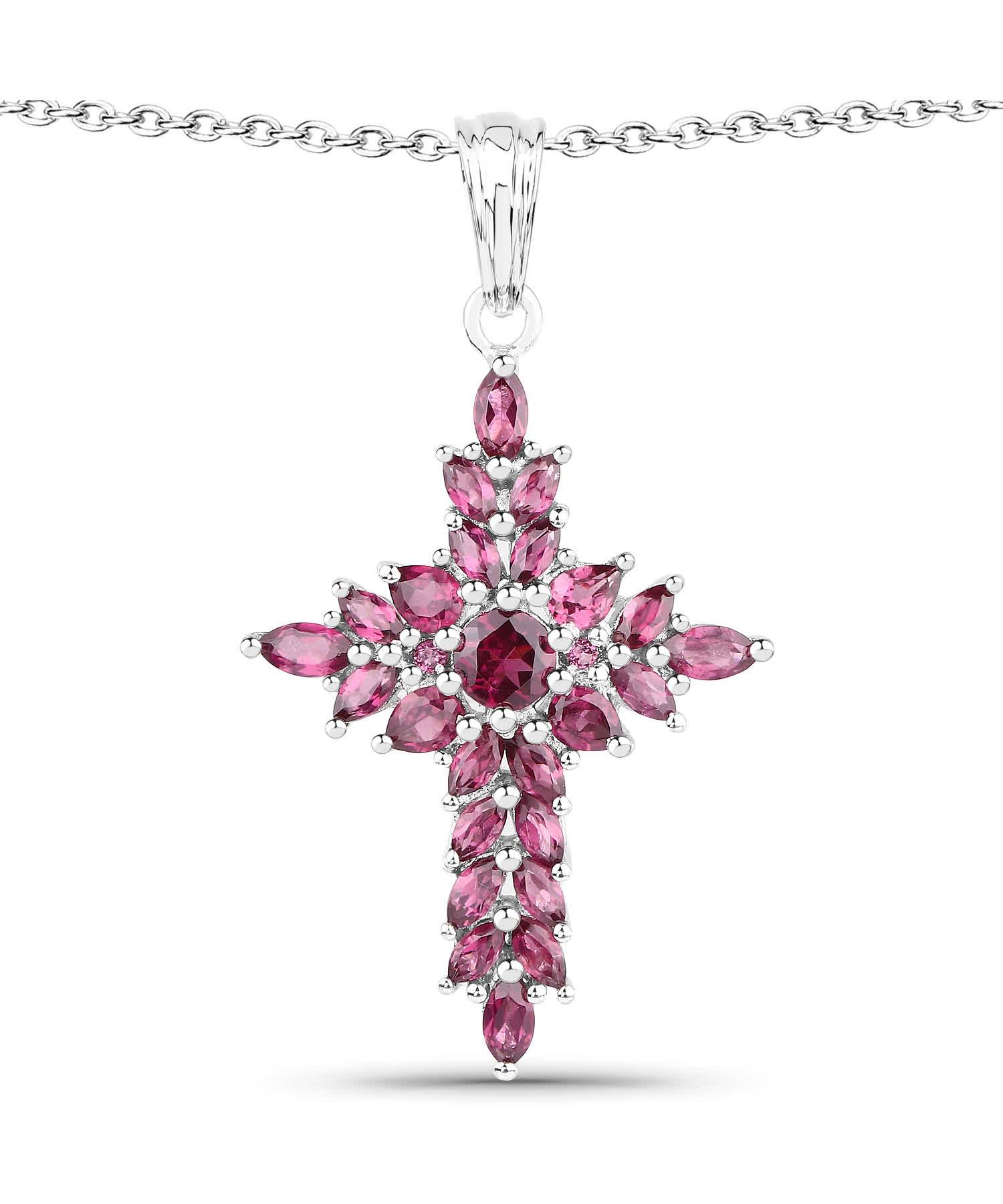 3.50ctw Natural Pomegranate Rhodolite Garnet Rhodium Plated 925 Sterling Silver Cross Pendant With Chain View 1