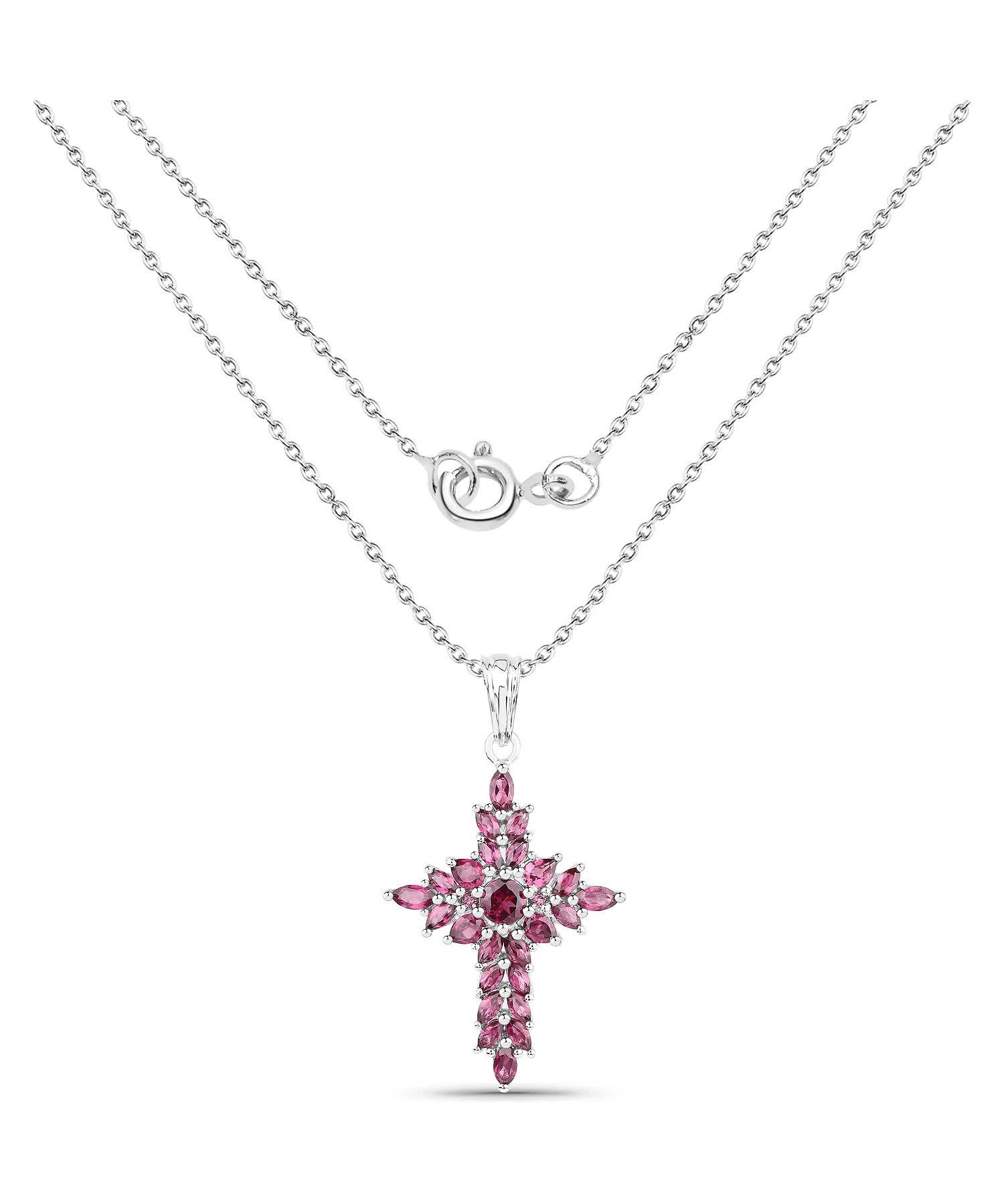 3.50ctw Natural Pomegranate Rhodolite Garnet Rhodium Plated 925 Sterling Silver Cross Pendant With Chain View 2