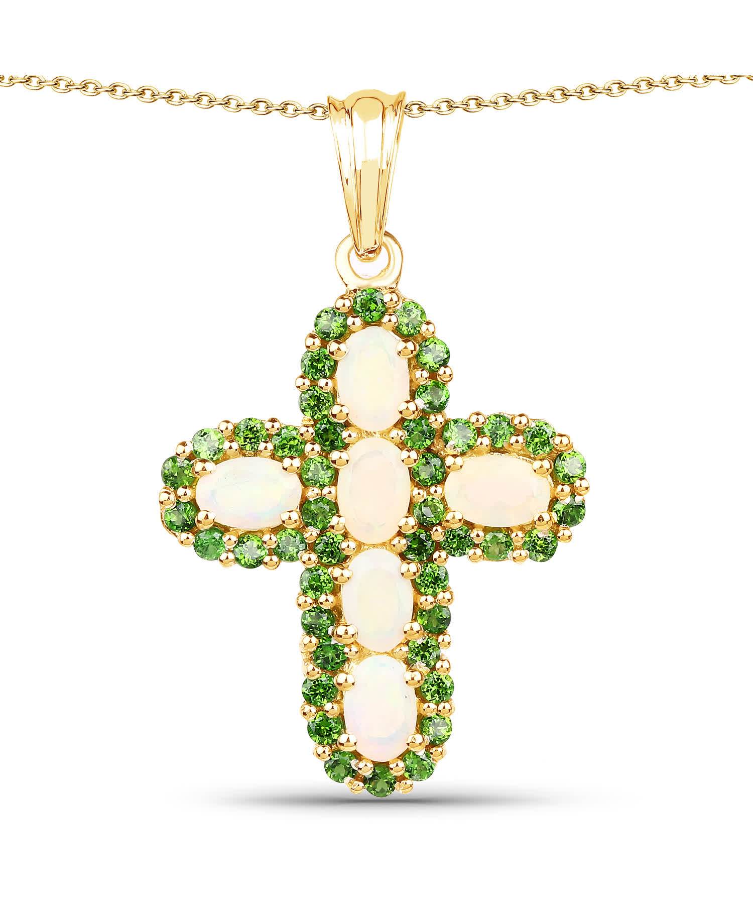 3.11ctw Natural Ethiopian Opal and Forest Green Chrome Diopside 14k Gold Plated 925 Sterling Silver Cross Pendant With Chain View 1