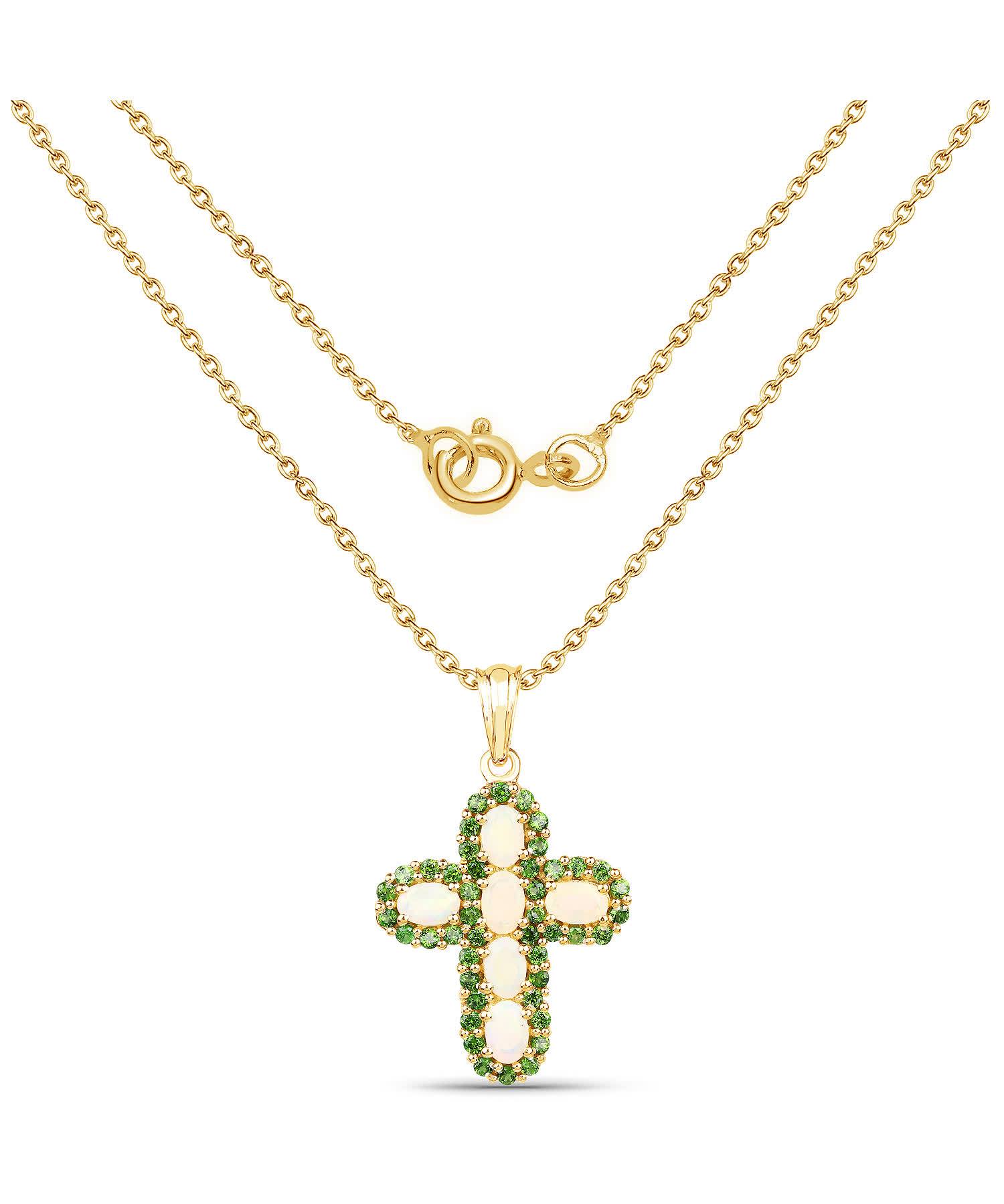 3.11ctw Natural Ethiopian Opal and Forest Green Chrome Diopside 14k Gold Plated 925 Sterling Silver Cross Pendant With Chain View 2