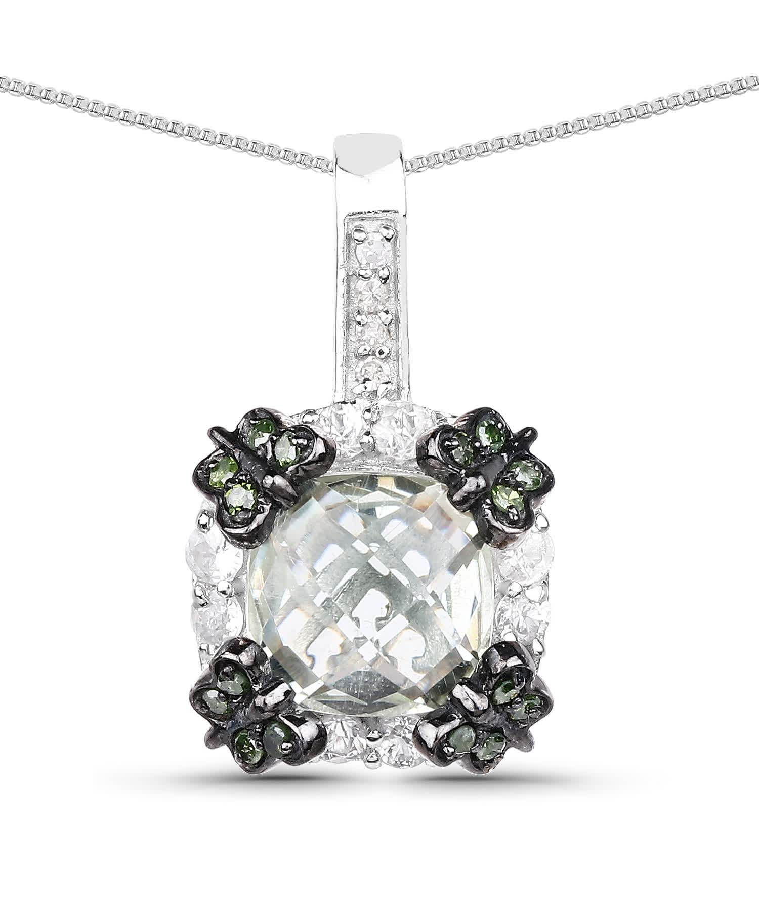 2.72ctw Natural Green Amethyst, Sapphire and Green Diamond Rhodium Plated 925 Sterling Silver Pendant With Chain View 1