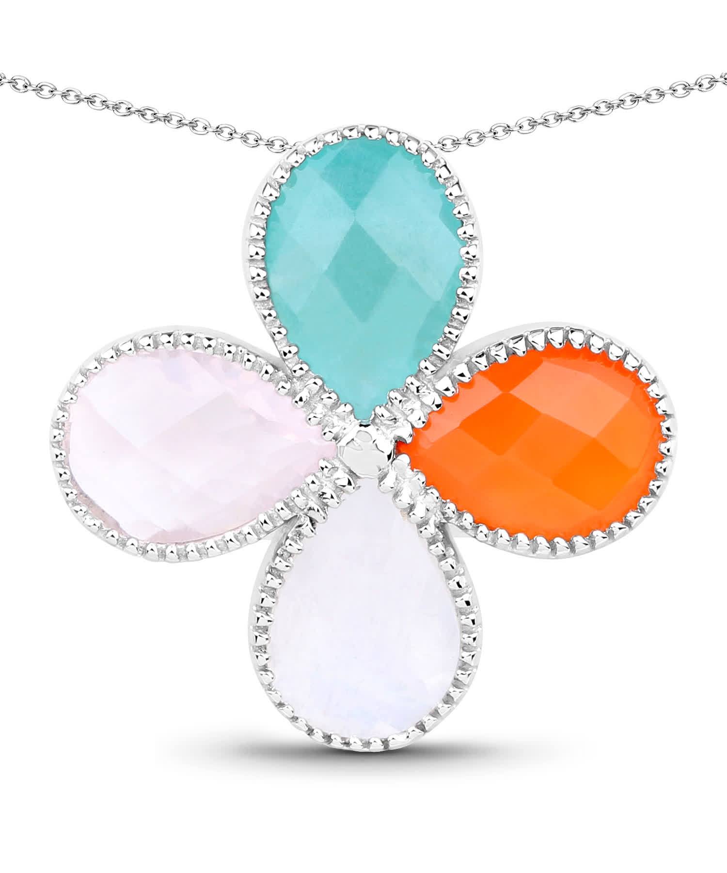 9.68ctw Natural Rose Quartz, Carnelian, Amazonite and Moonstone Rhodium Plated 925 Sterling Silver Pendant With Chain View 1