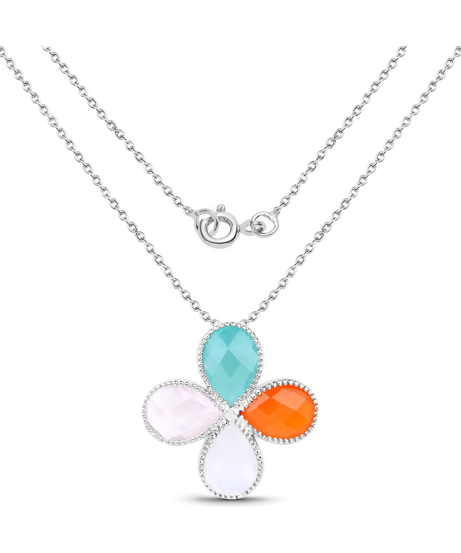 9.68ctw Natural Rose Quartz, Carnelian, Amazonite and Moonstone Rhodium Plated 925 Sterling Silver Pendant With Chain View 2