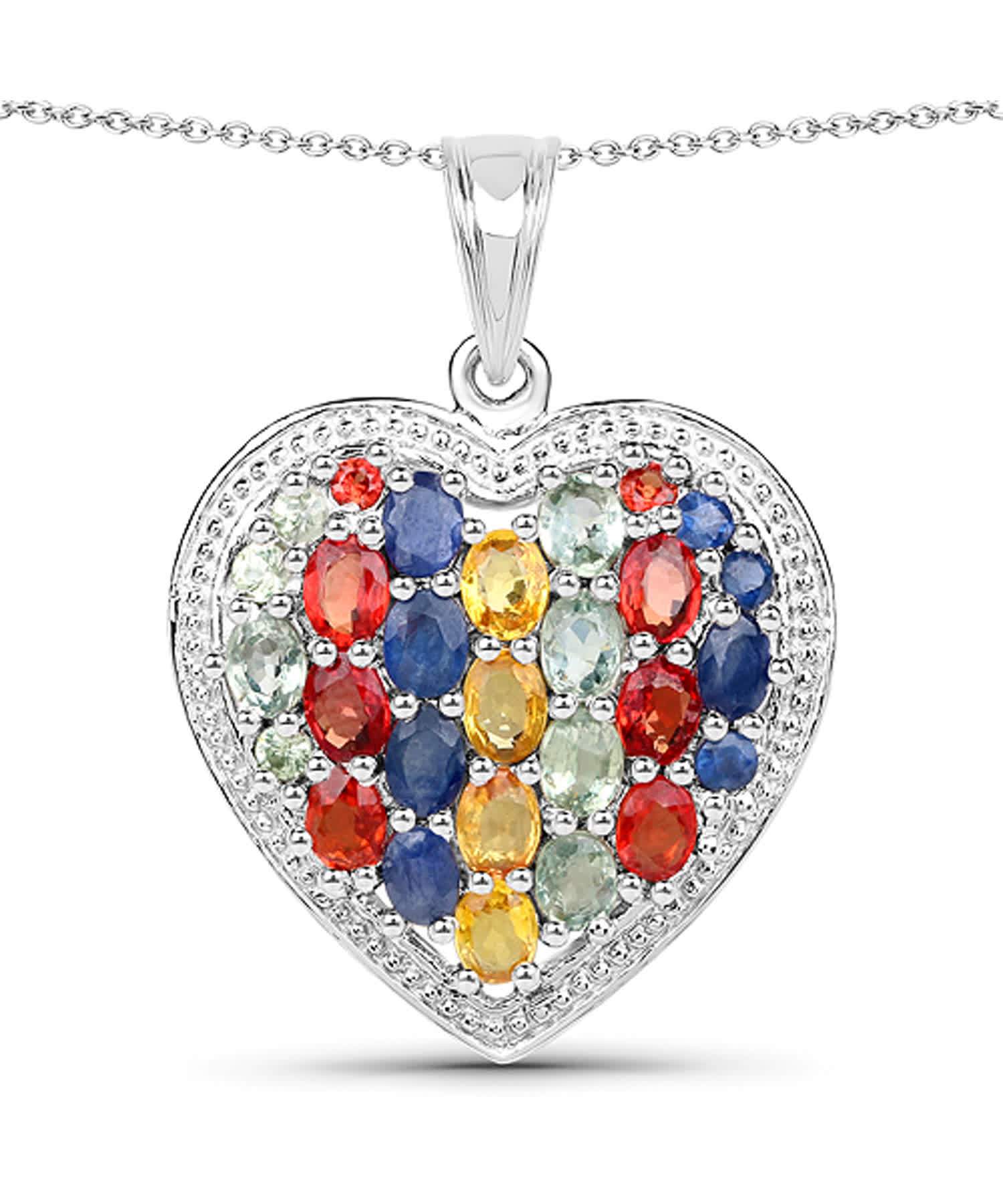 4.88ctw Natural Multi-Color Sapphire Rhodium Plated 925 Sterling Silver Heart Pendant With Chain View 1