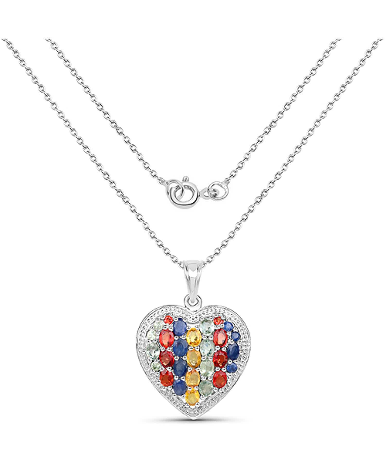 4.88ctw Natural Multi-Color Sapphire Rhodium Plated 925 Sterling Silver Heart Pendant With Chain View 2